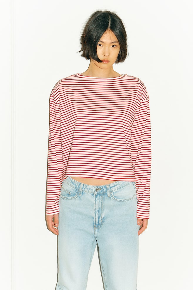 Oversized boat-neck top - White/Red striped/White/Blue striped - 4