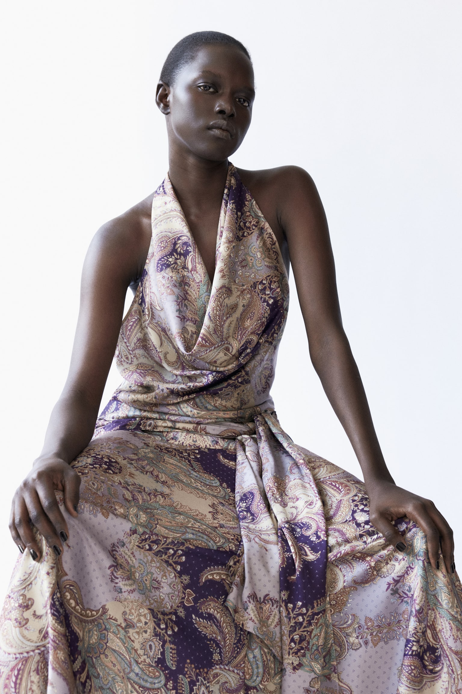 Draped-panel A-line skirt - Purple/Paisley pattern/Turquoise - 1
