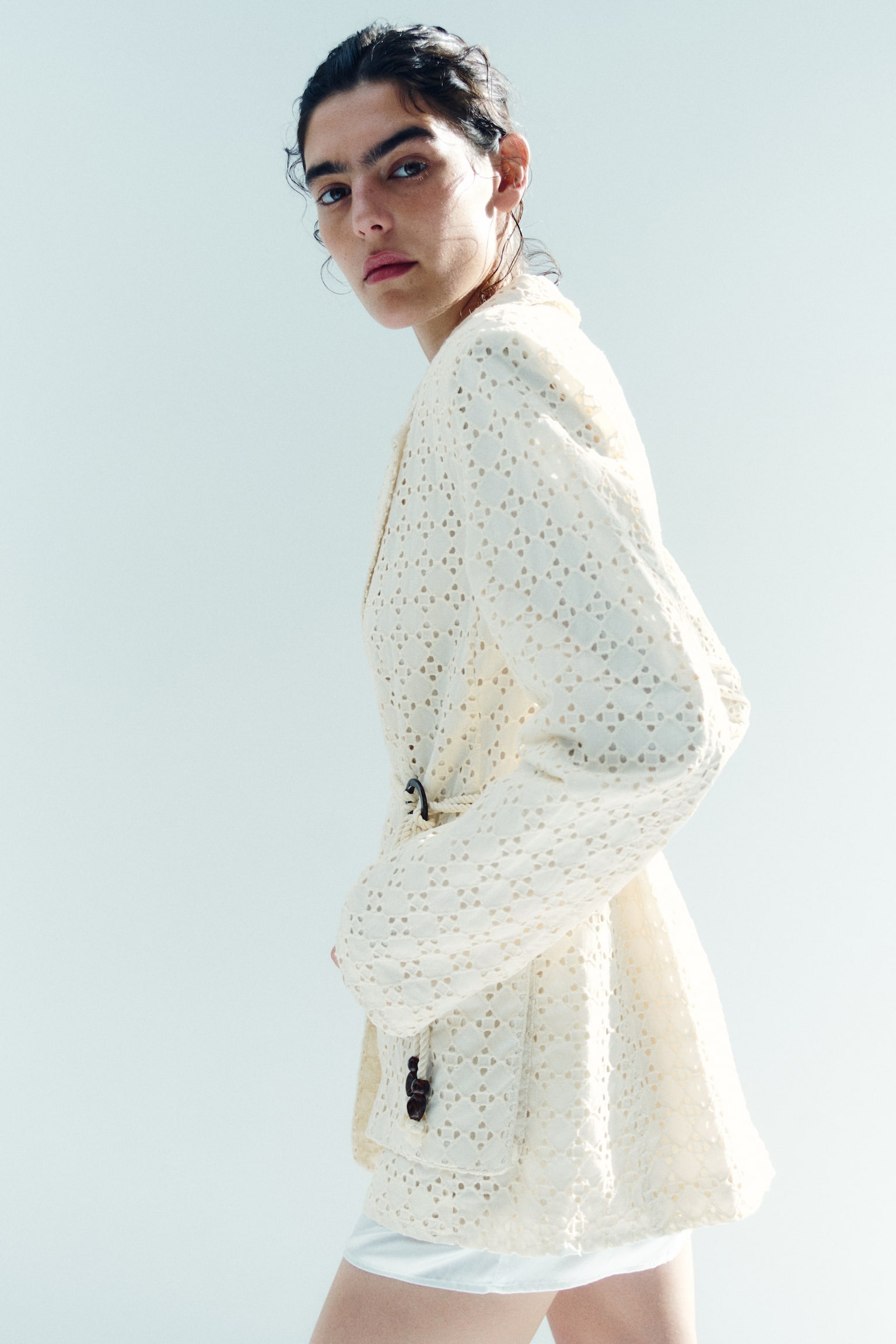 Broderie-anglaise cotton blazer - Light beige - 8