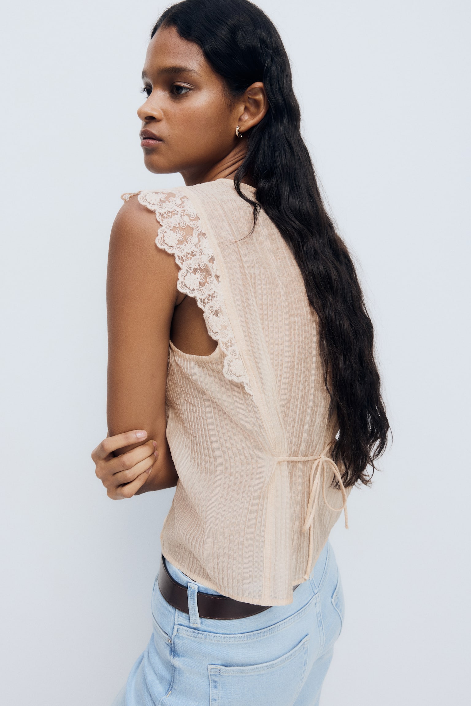 Lace-trimmed vest top - Light beige/Dark grey - 5