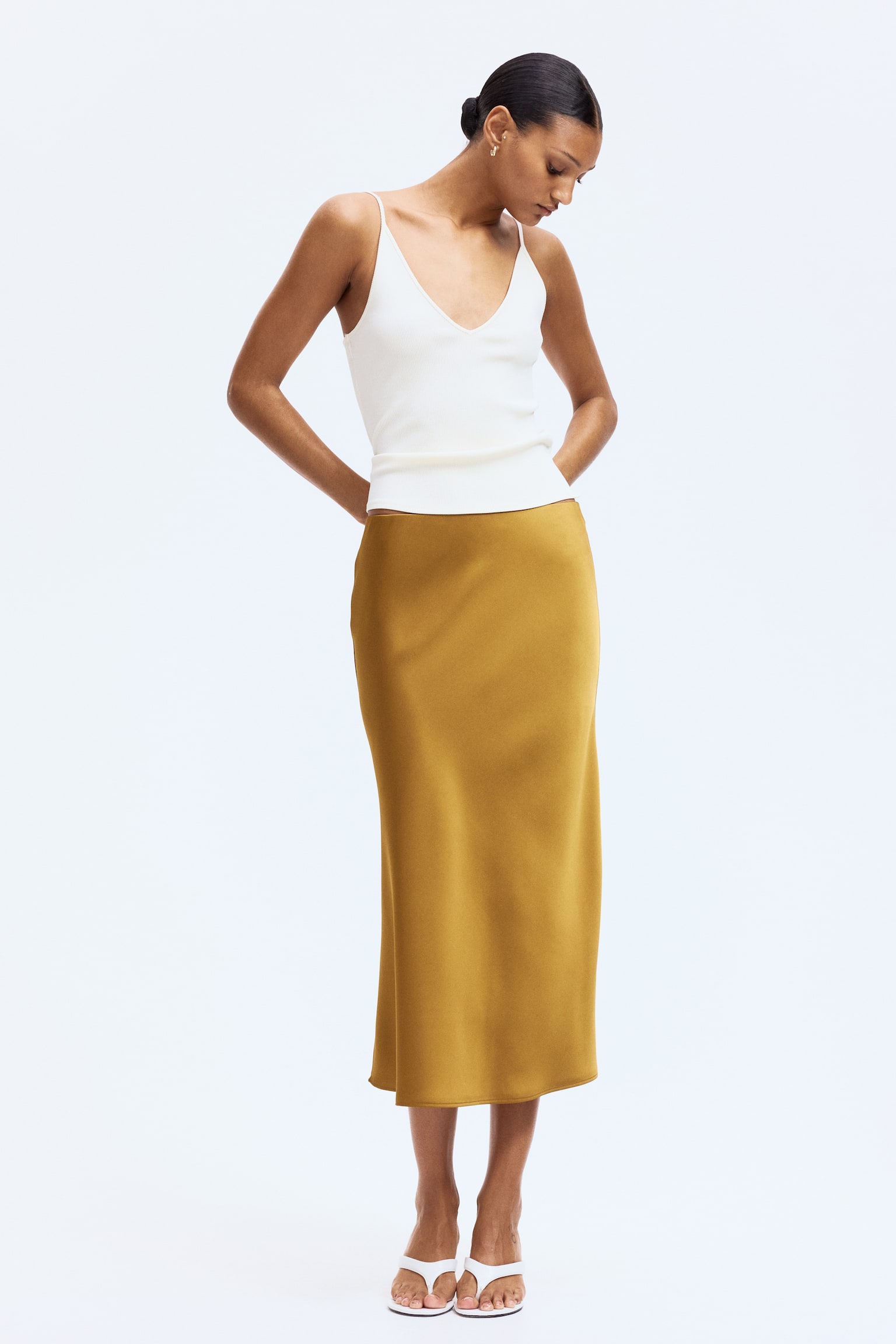 Satin midi skirt - Golden brown/Red - 4