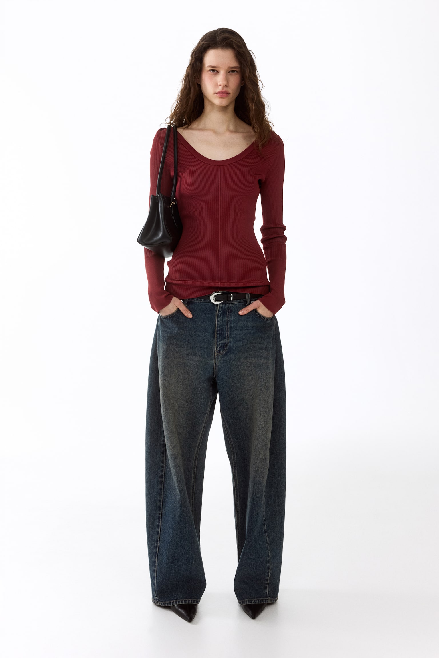 Женский топ H&M Rib-Knit Twist-Detail Top, цвет: Бордовый — фото 3