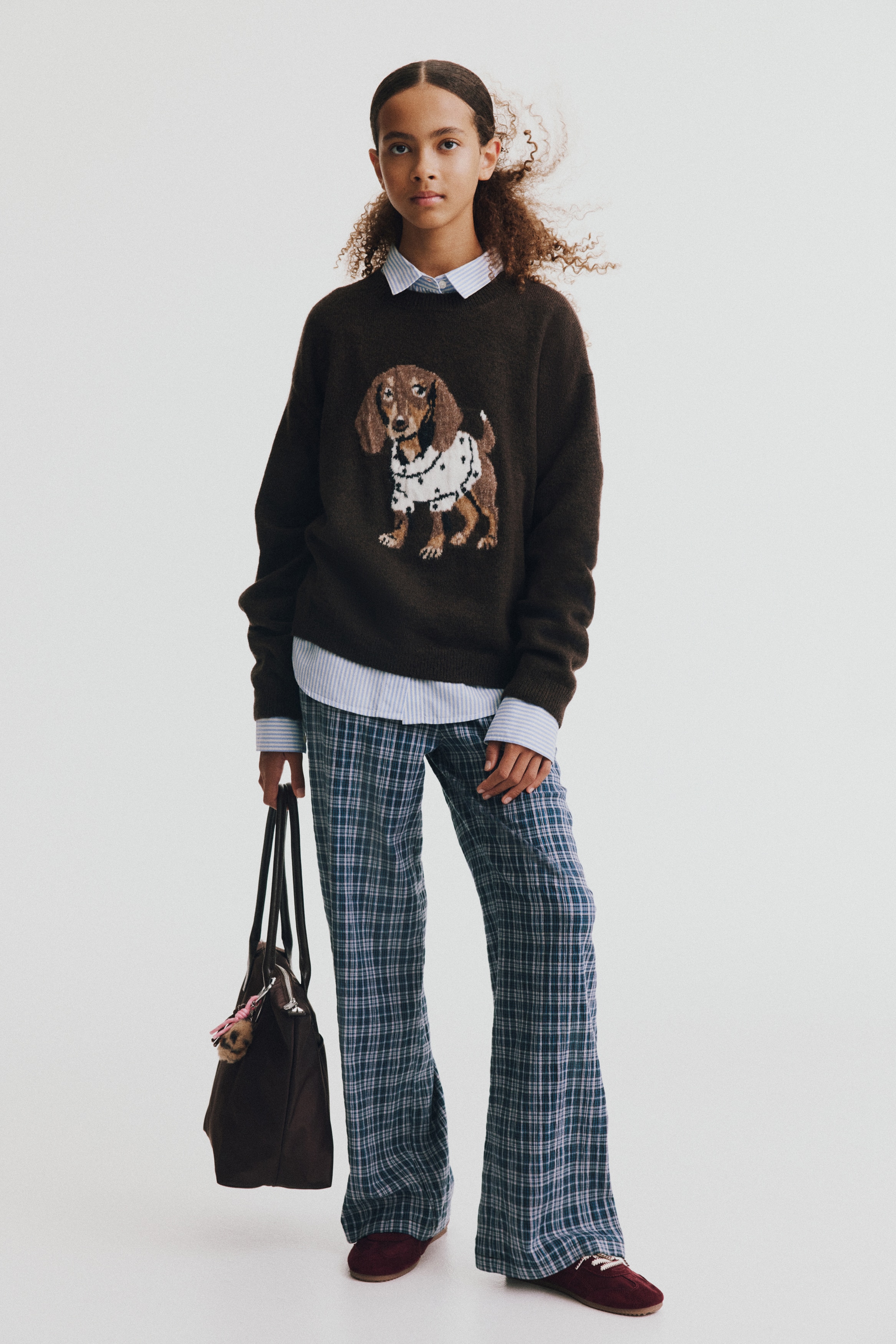 Wide-leg cotton trousers - Navy blue/Checked