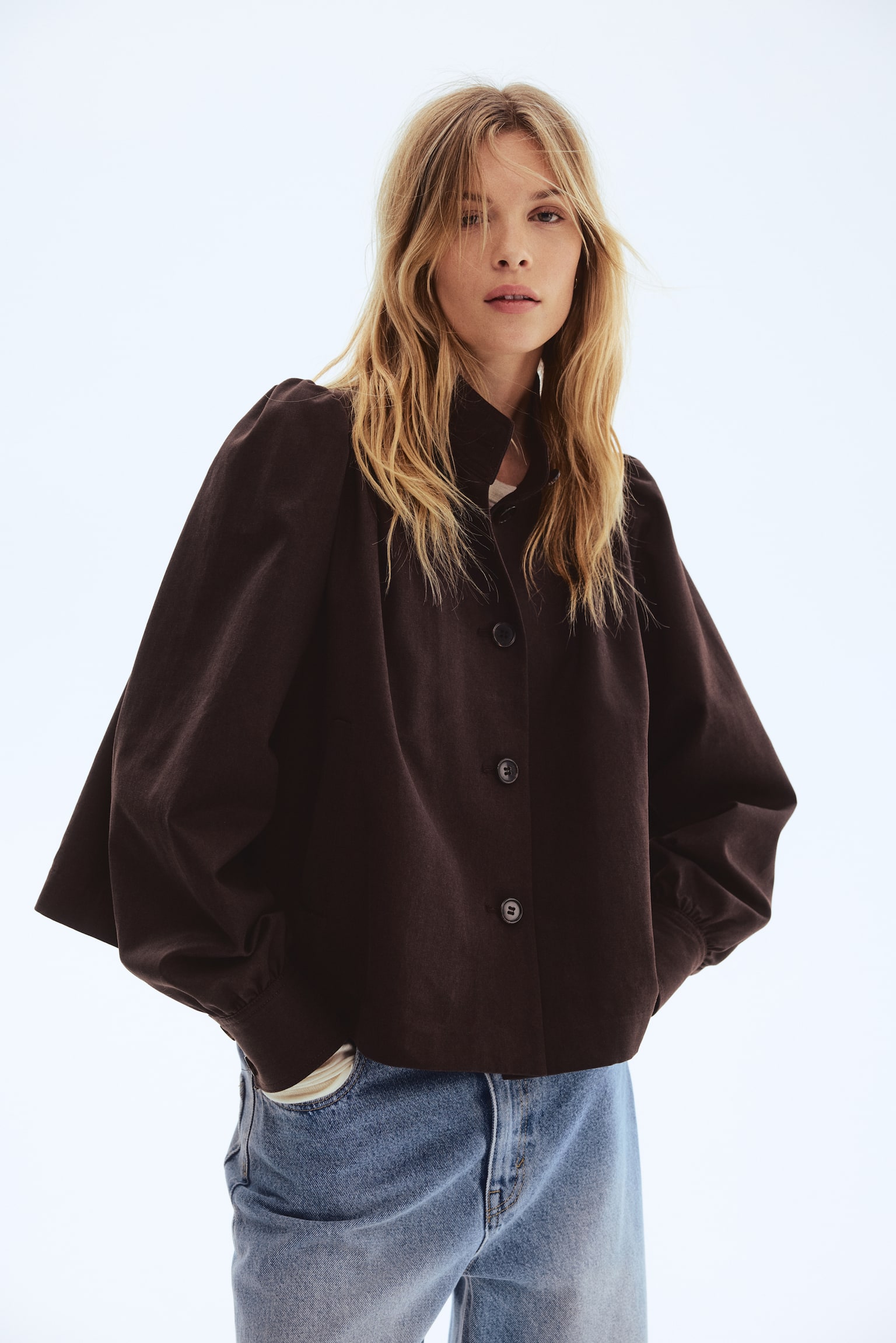 ז'קט טוויל עם שרוולים נפוחים - חום כהה/בז' - 1