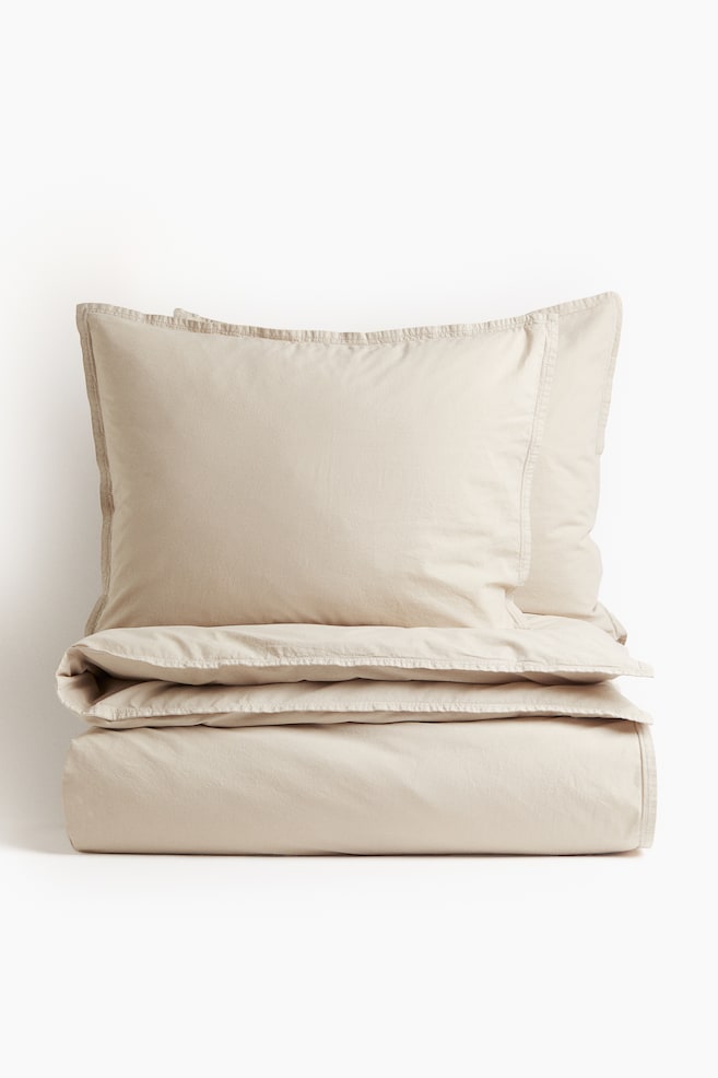 Washed cotton double/king duvet cover set - Light beige/White - 1