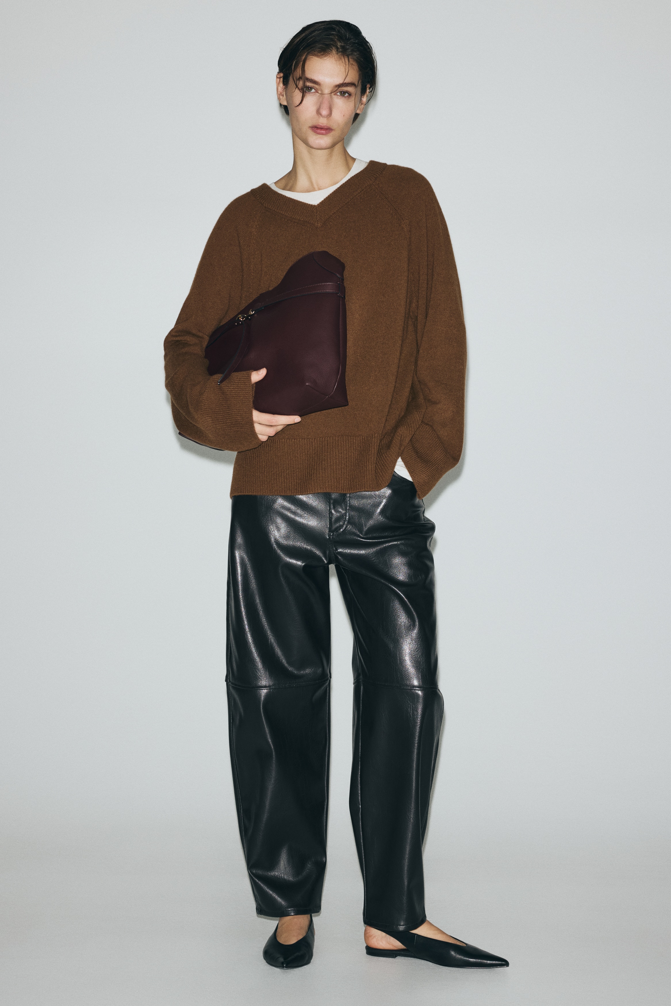 Predimenzionisani vuneni džemper - Smeđa/Jarkocrvena