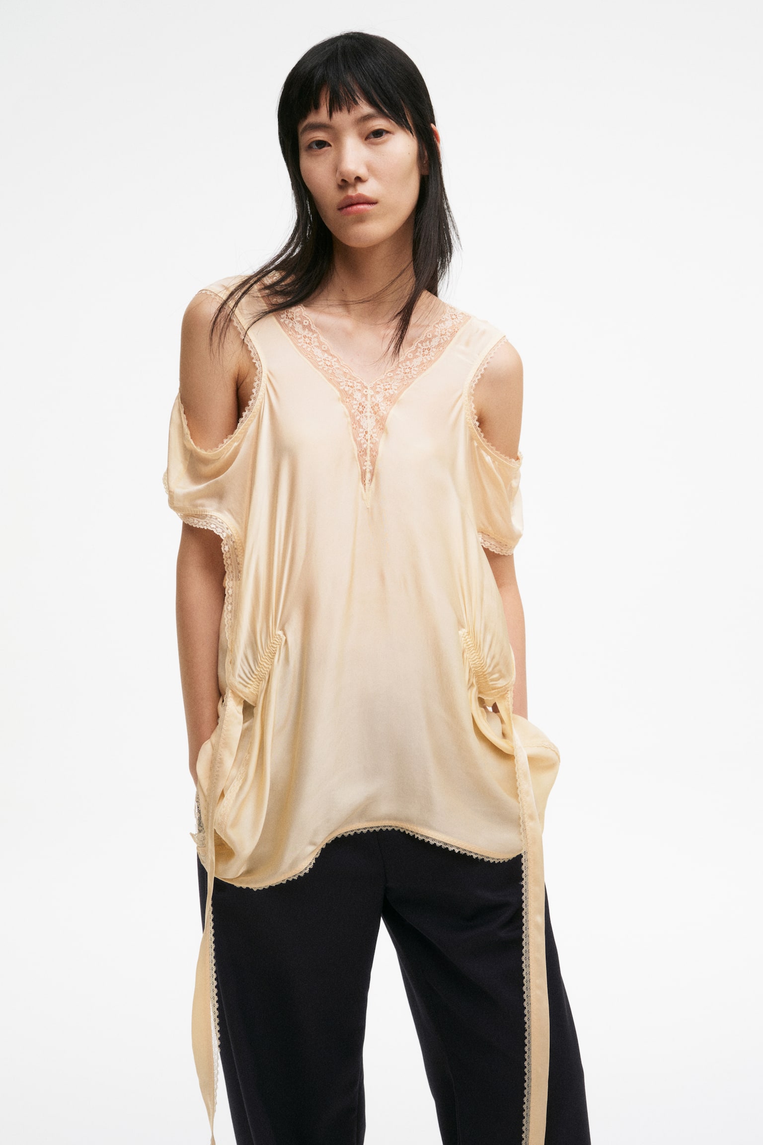 Lace-trimmed satin top - Light beige - 3