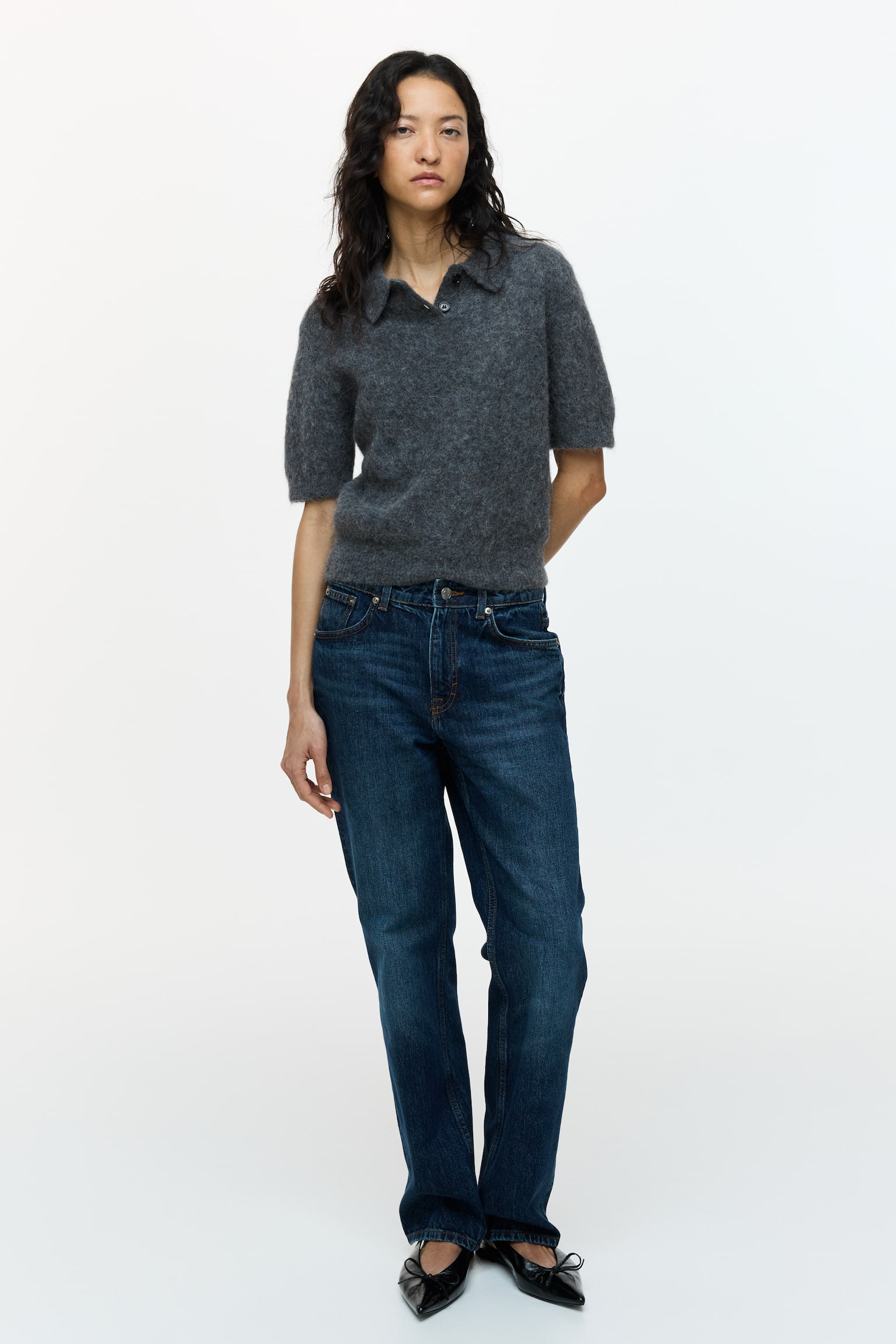 Alpaca-blend polo shirt - Dark grey marl/Light beige/Dark brown - 1