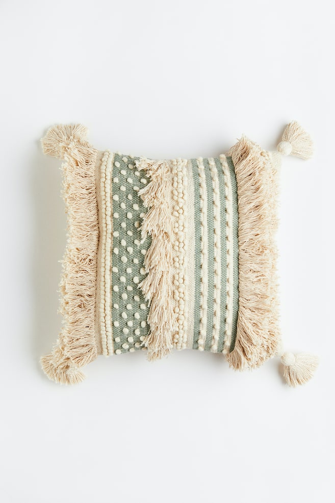 Tasselled wool-blend cushion cover - Light beige/Patterned - 1
