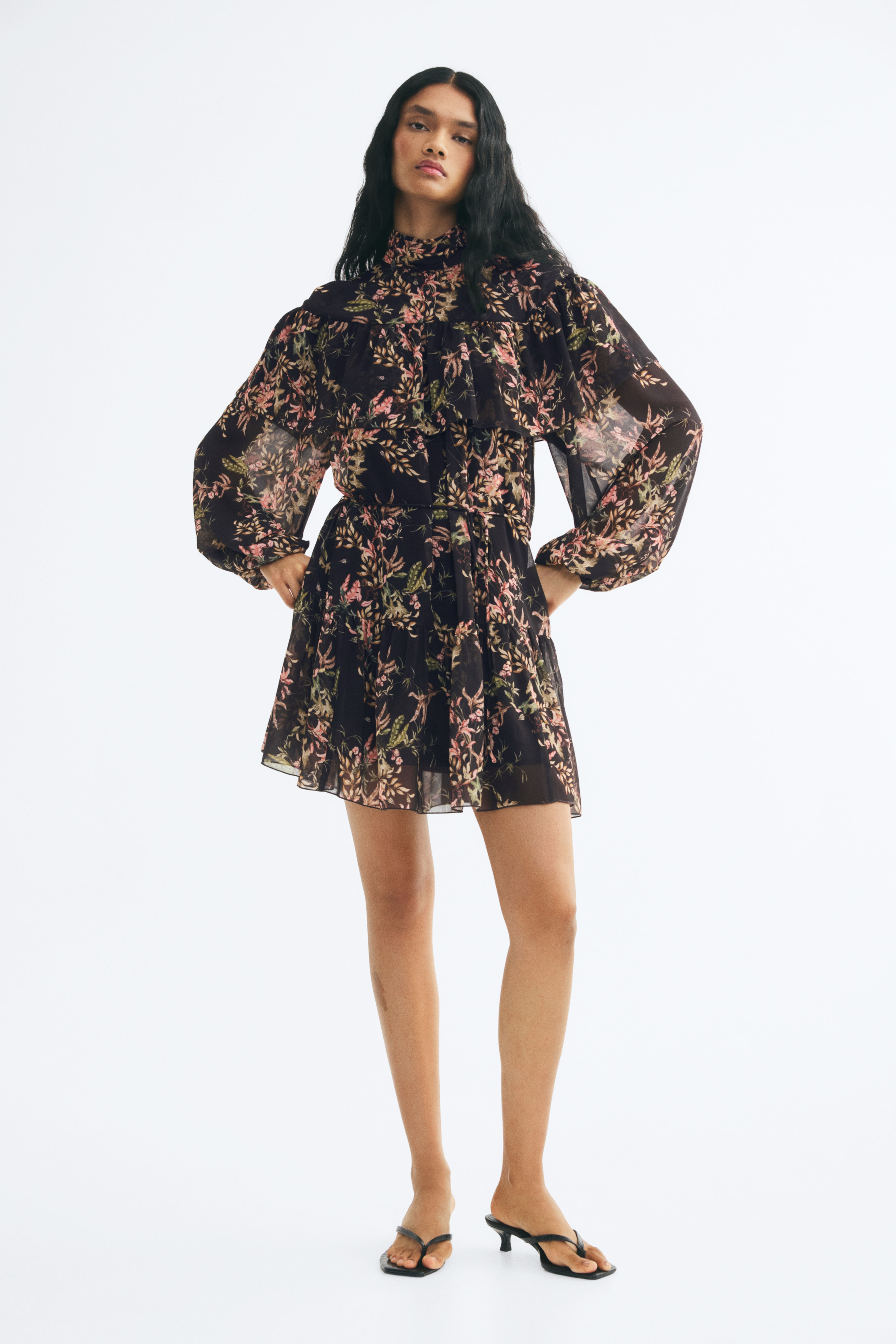 Ruffle-Trimmed Stand-Up Collar Dress
