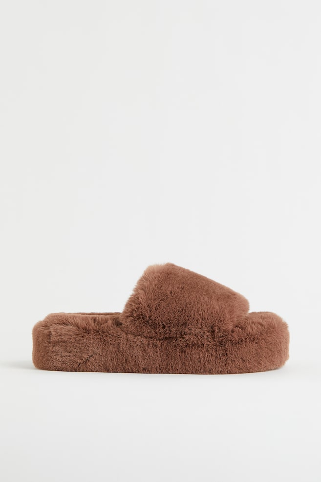 Faux fur slippers - Brown/Dark grey - 1