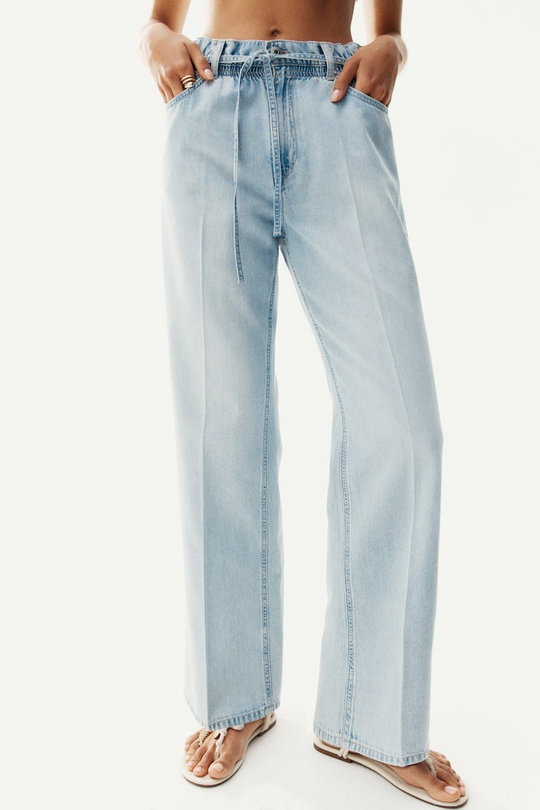 H&m Blue And White Paper Bag Pants Belted Paper Bag Jeans