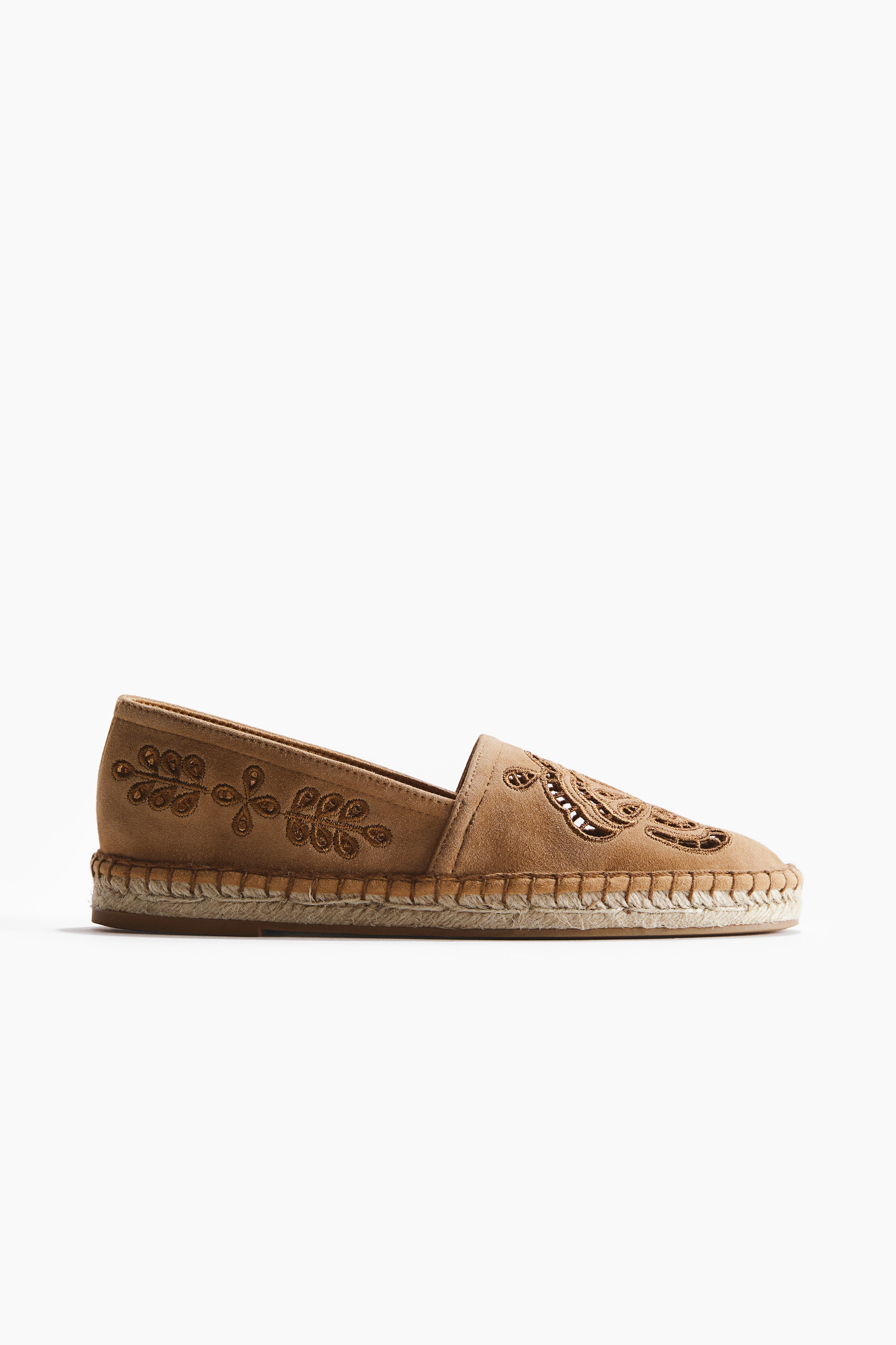 Espadrillos i mocka med broderie anglaise - Mörkbeige