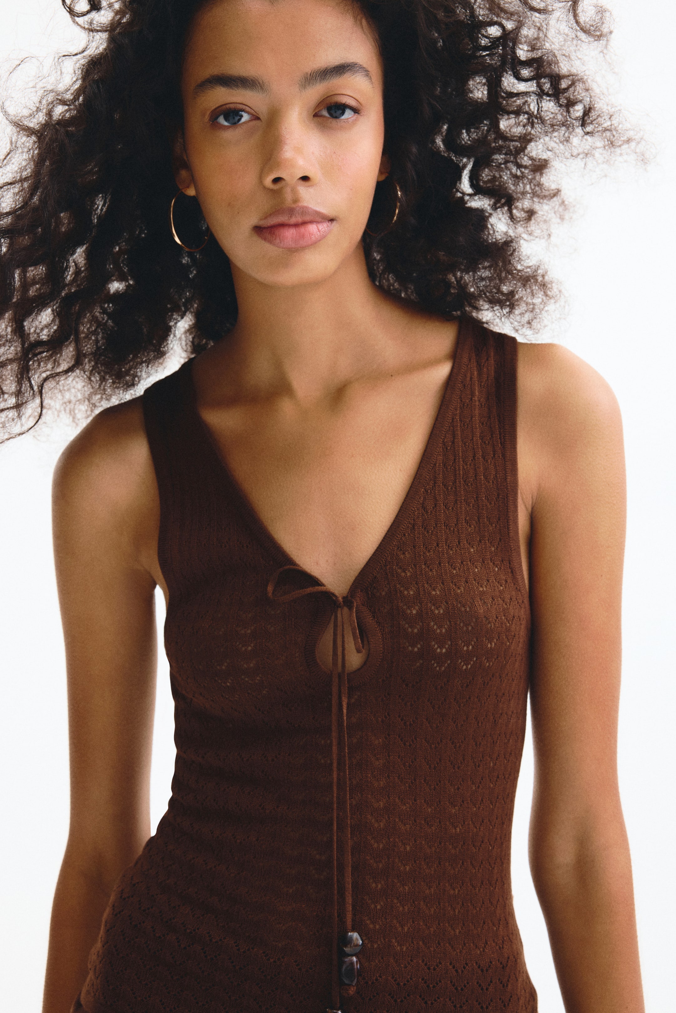 View larger image: Pointelle-knit tie-detail top - Dark brown - Ladies | H&M 1
