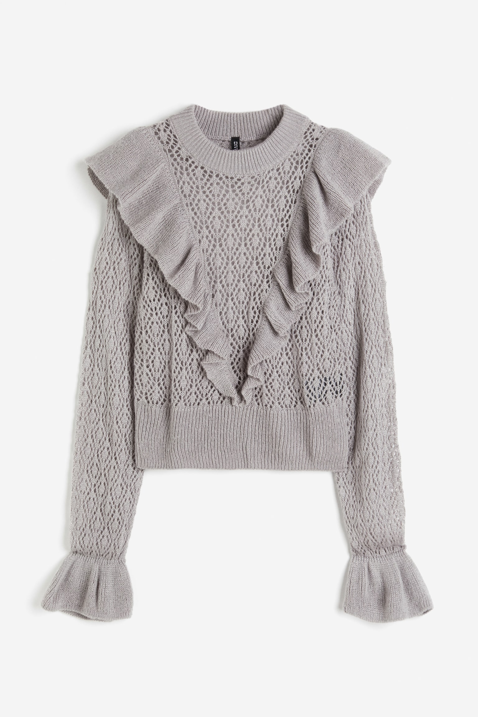 Frill-trimmed pointelle-knit jumper - Grey/White/Black - 1