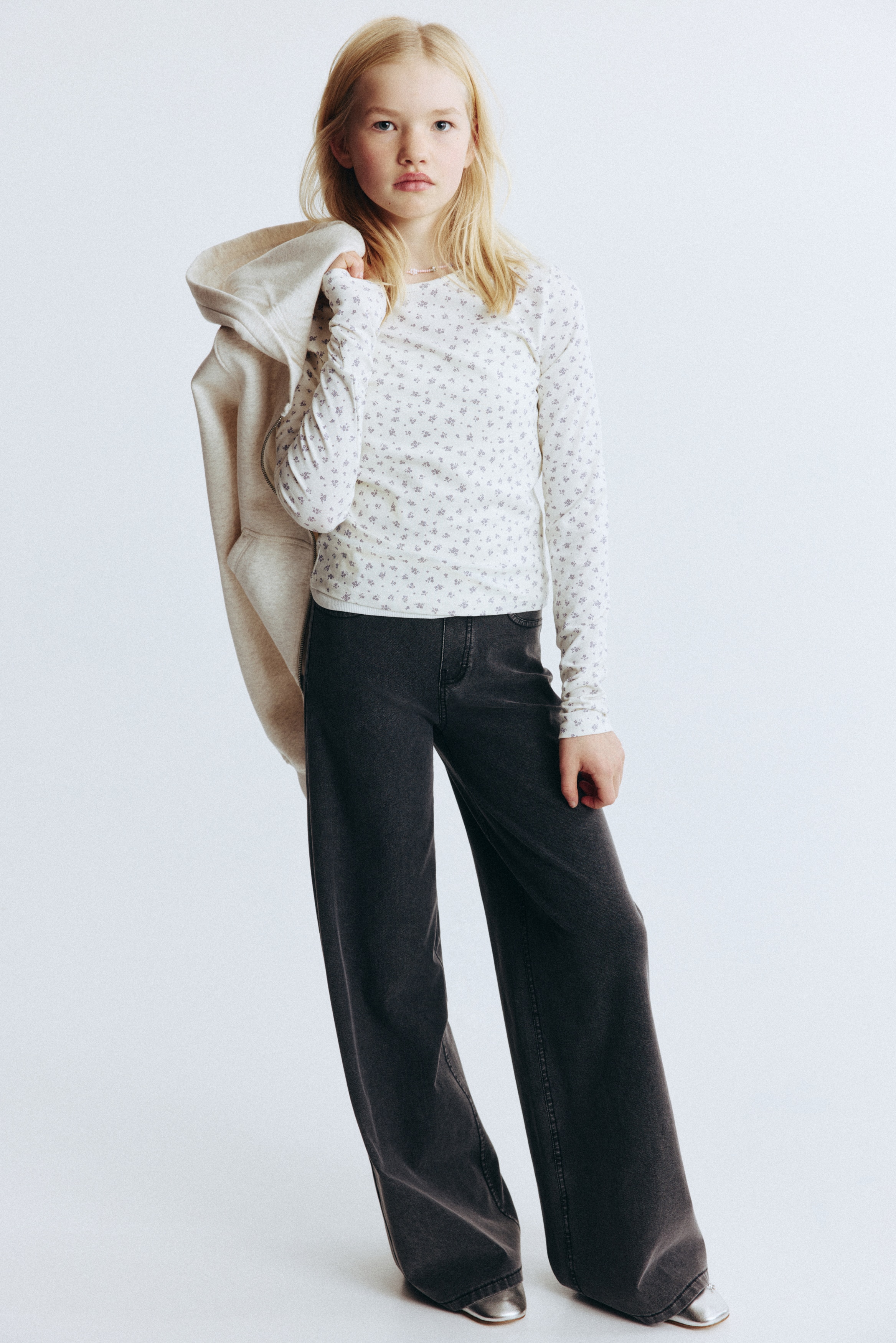 仿丹寧寬管褲 - 深丹寧灰/丹寧藍