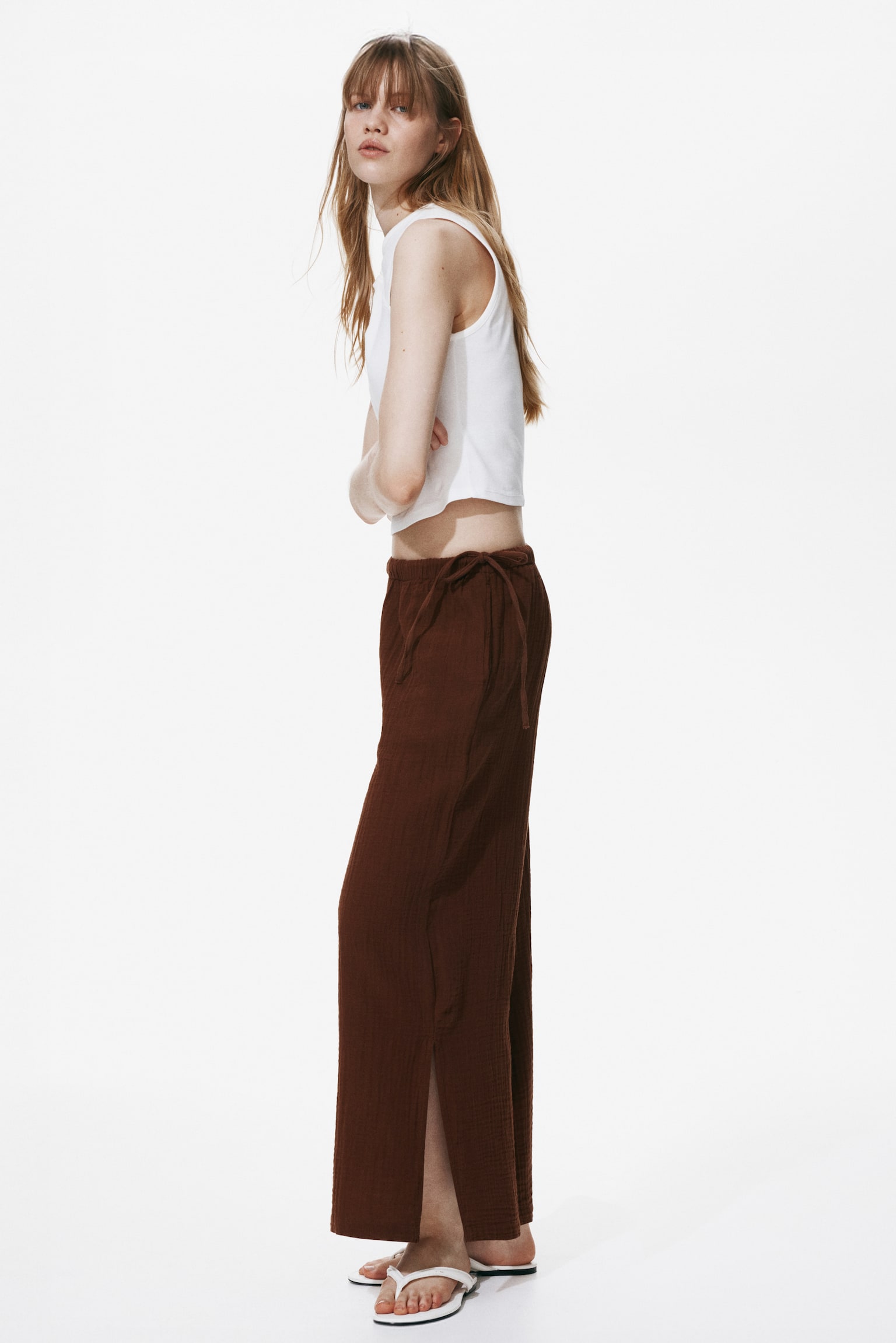 Drawstring-detail muslin trousers - Brown/Cream/Light beige/Striped - 1
