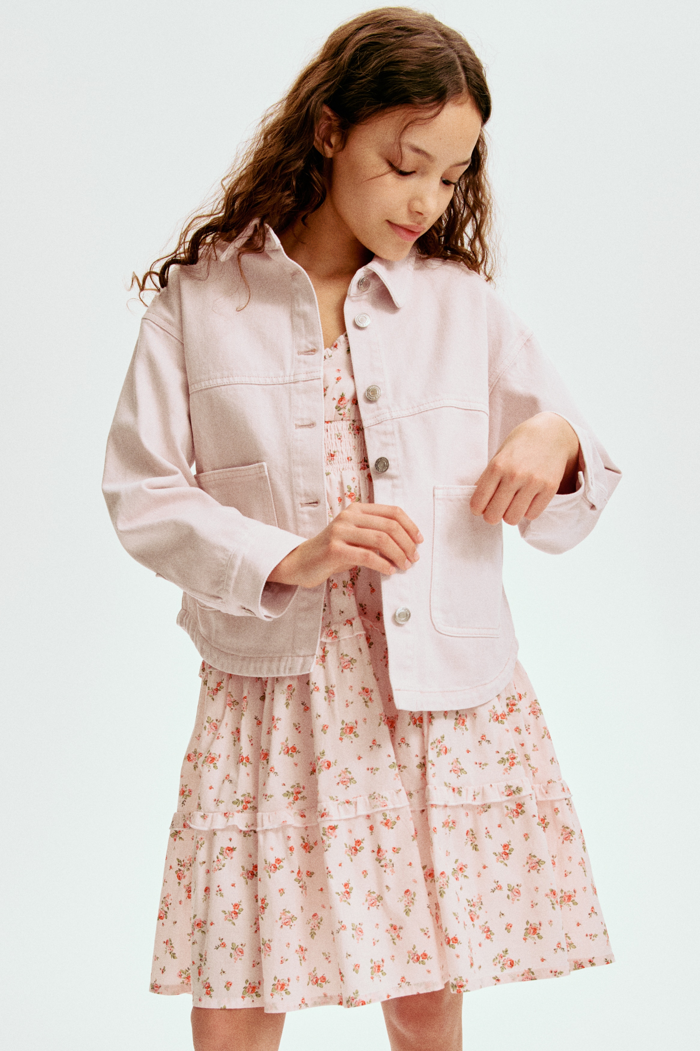 Sobrecamisa en sarga de algodón - Rosa pálido/Café oscuro/Verde caqui claro