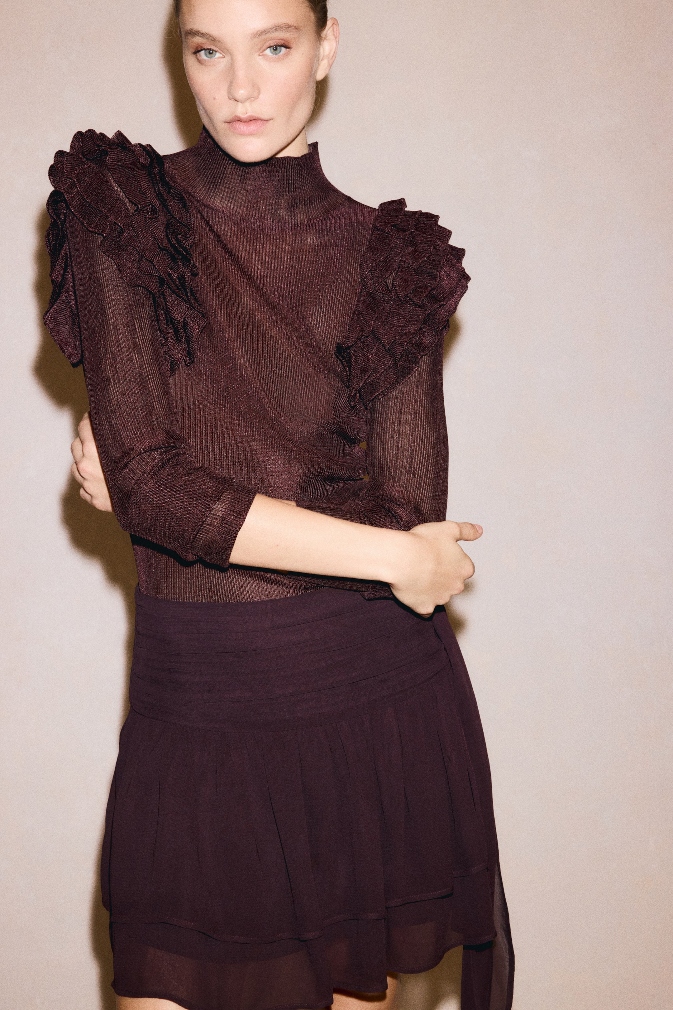 Ruffle-Detail Mock Turtleneck Top
