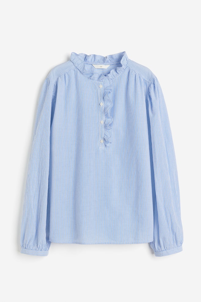 Frill-trimmed pop-over blouse - Blue/Striped/Cream/Black - 2