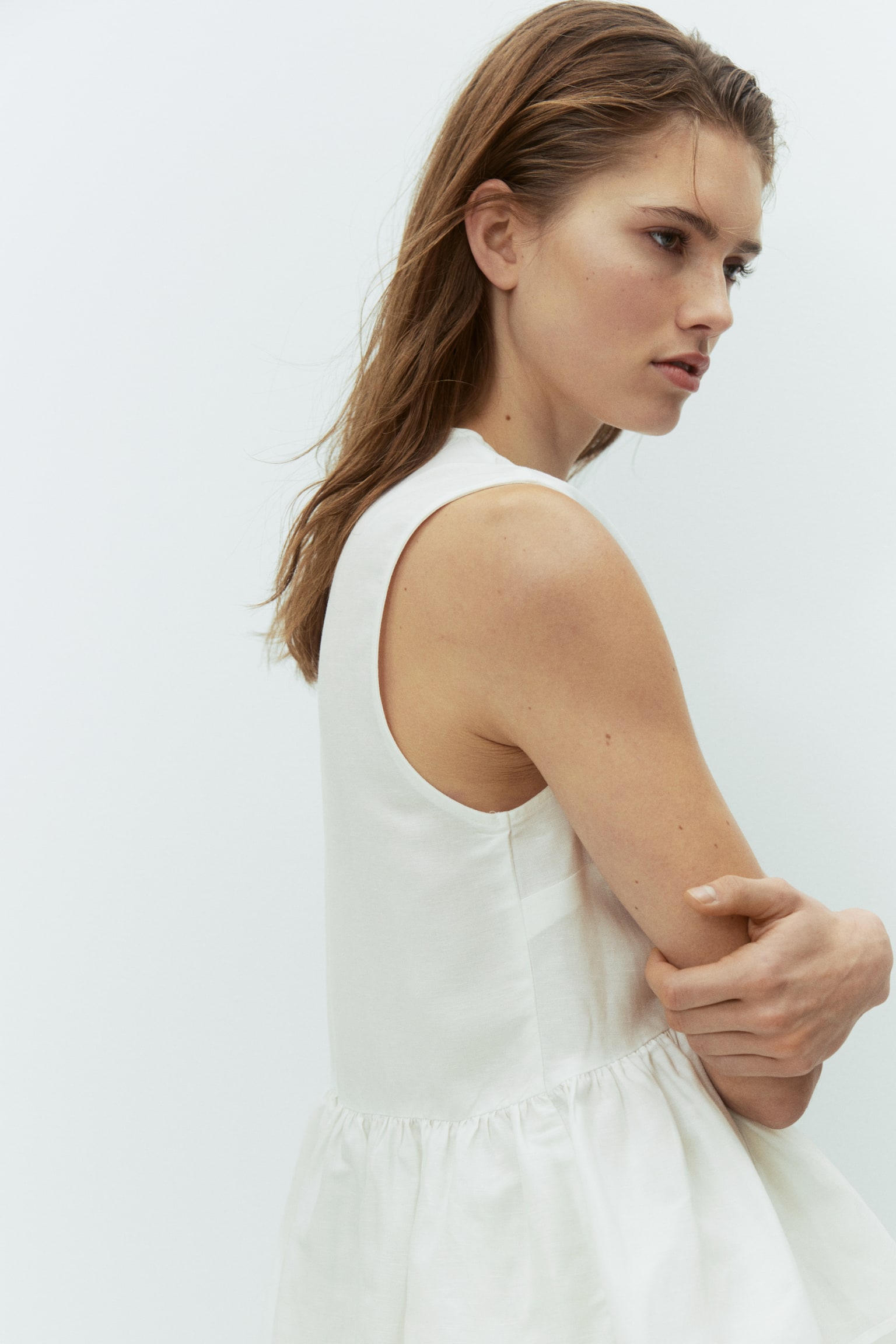 Linen-blend peplum top - White/Dark brown/Light yellow - 5