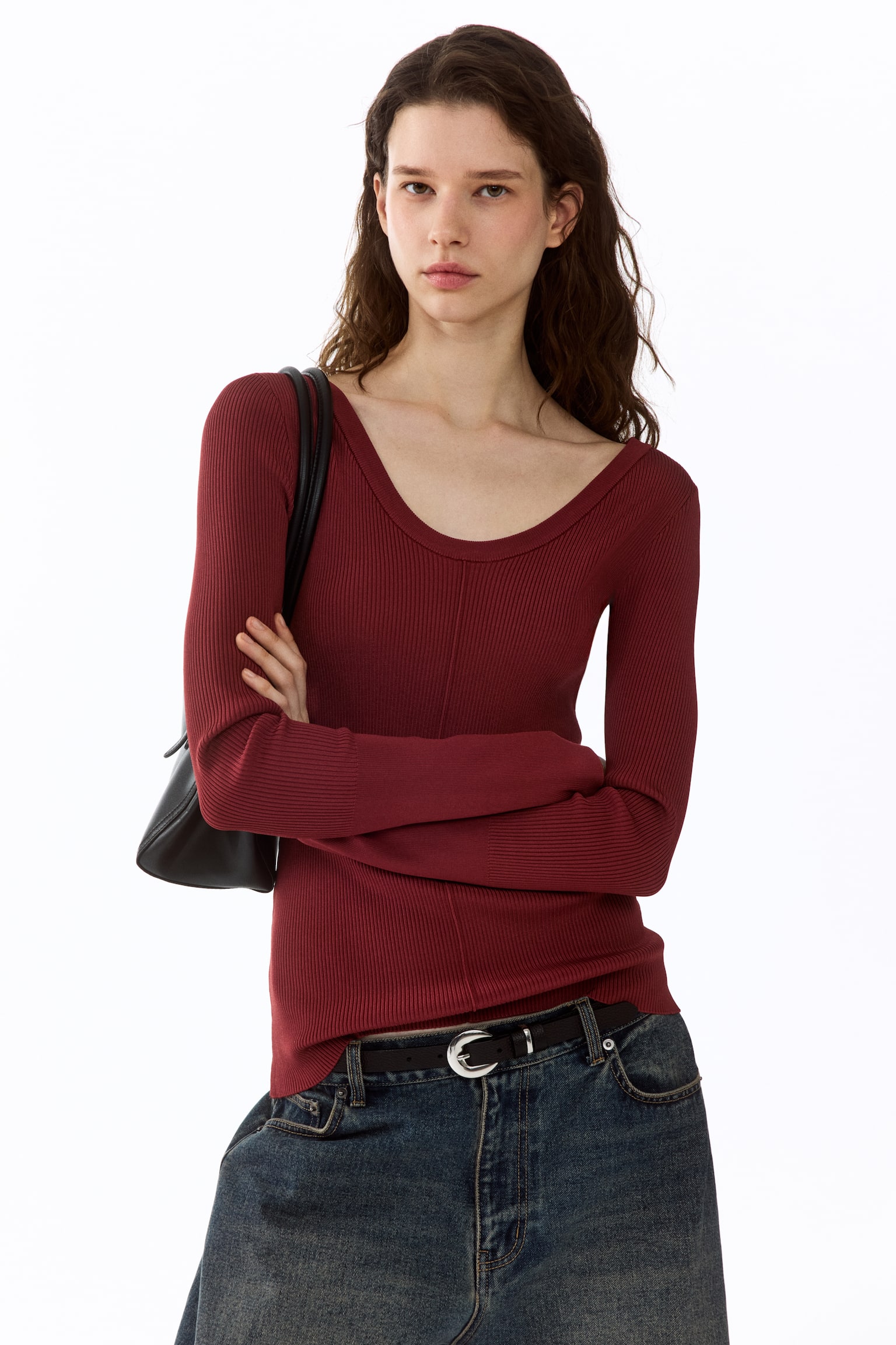 Rib-knit twist-detail top - Burgundy - 3