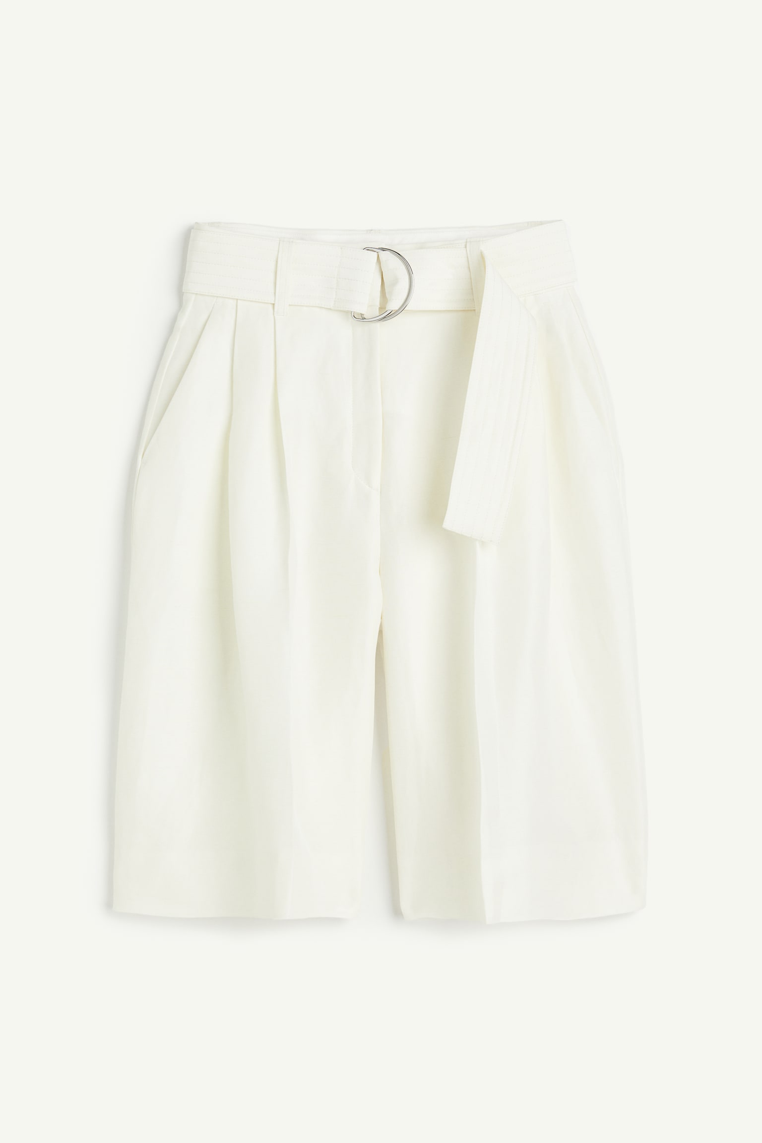 Linen Blend Belted Shorts - White - 2