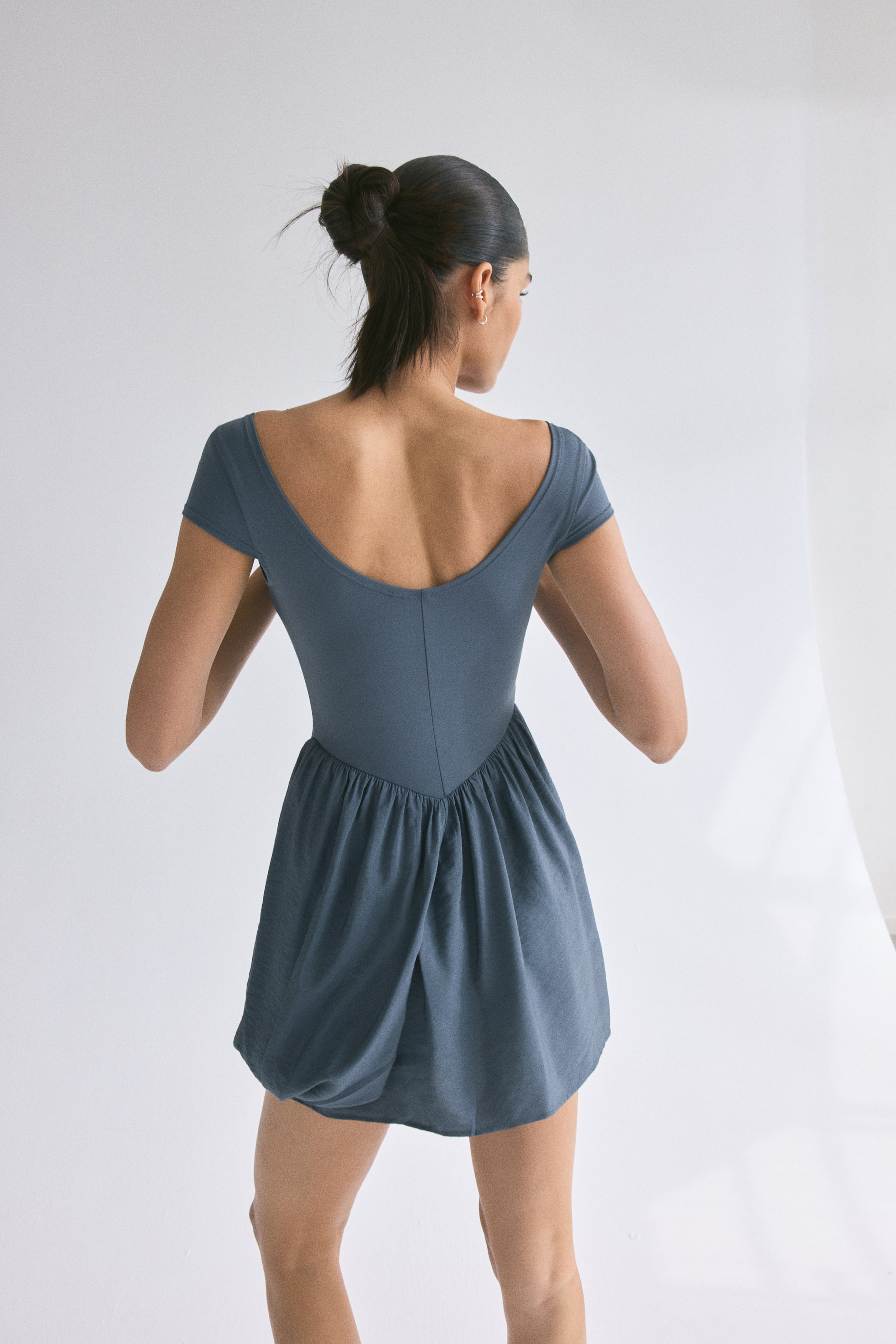 Dual-Fabric Draped-Panel Dress