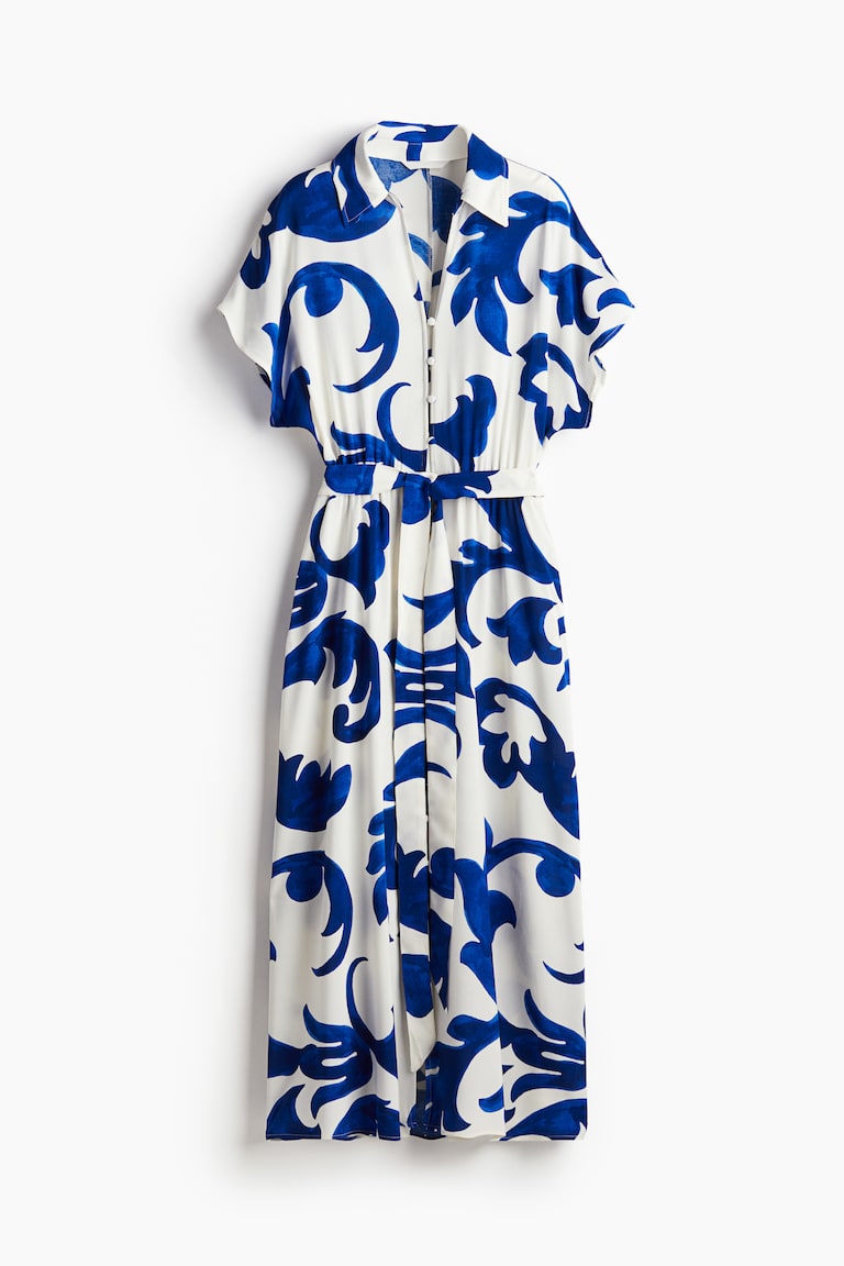 Tie-belt shirt dress - White/Blue patterned