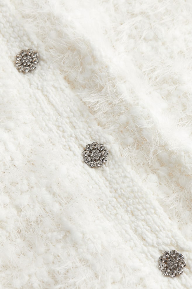 Rhinestone-button fluffy-knit cardigan - Natural white - 4