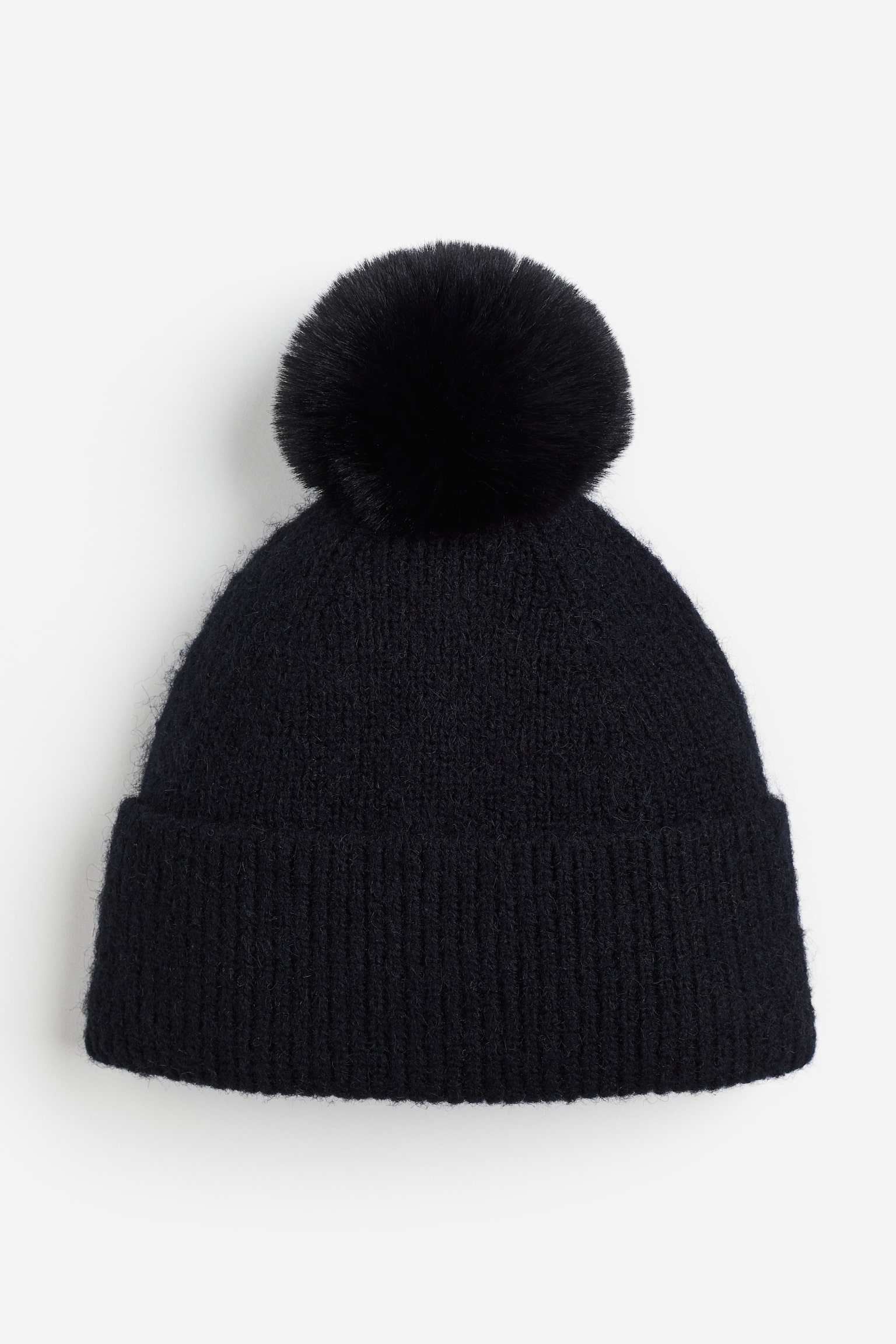 Rib Knit Pompom Beanie - Black - 1