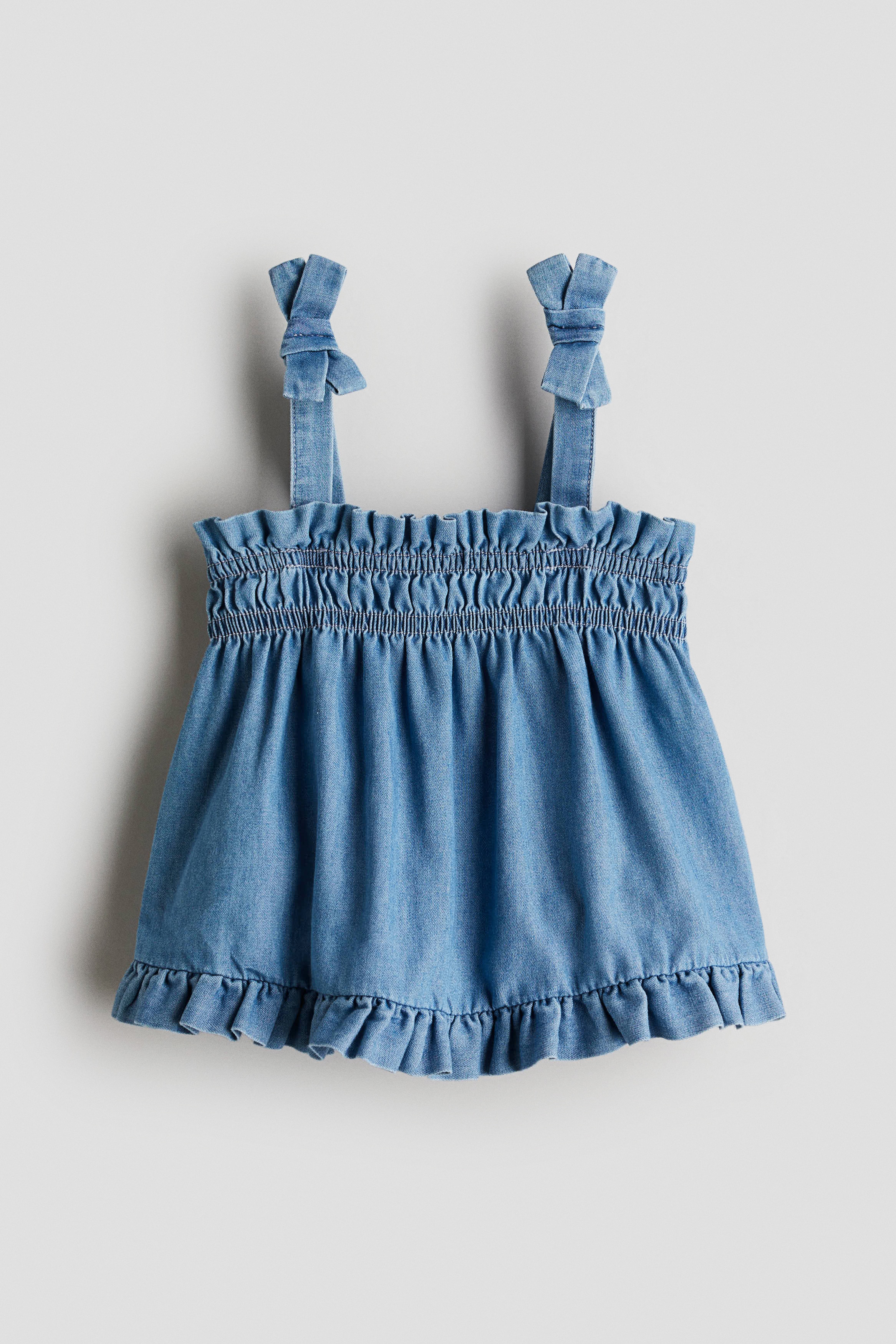 Frill-trimmed cotton top - Denim blue/White