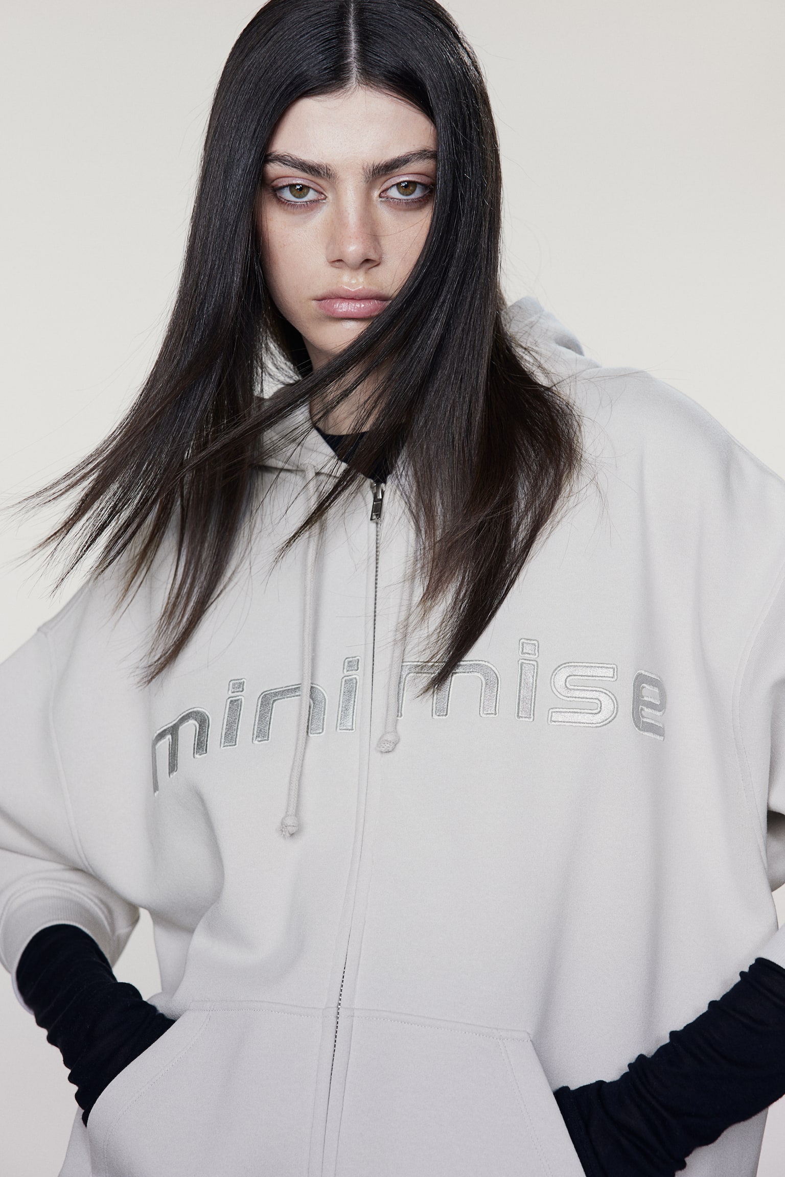 Oversized printed zip-through hoodie - Light grey/Minimise/Dark grey/Washed - 3