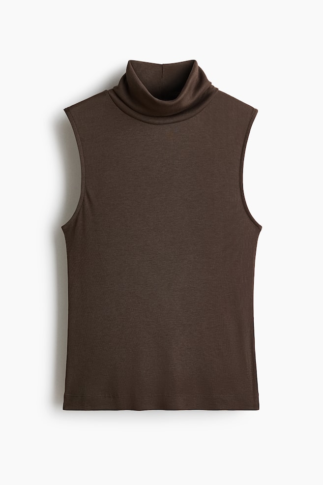 Fine-Knit Sleeveless Turtleneck Top - Dark taupe/Navy blue/Red - 1