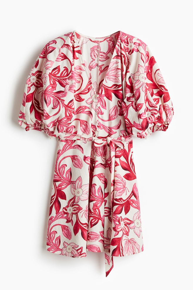 Robe en coton avec ceinture à nouer - Blanc/rose/fleuri/Noir - 1