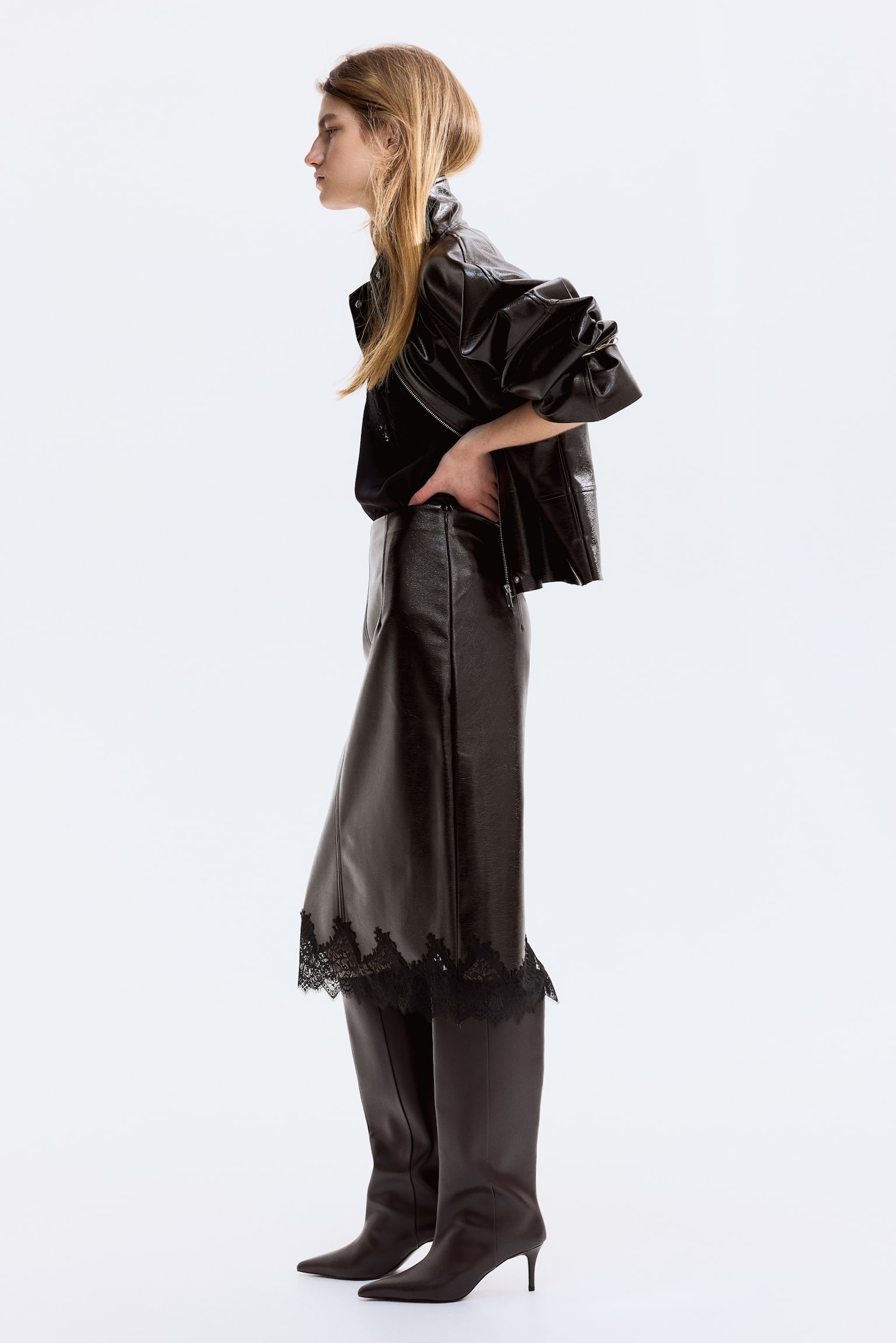 Fustă-creion peliculizată - Maro-închis - 3