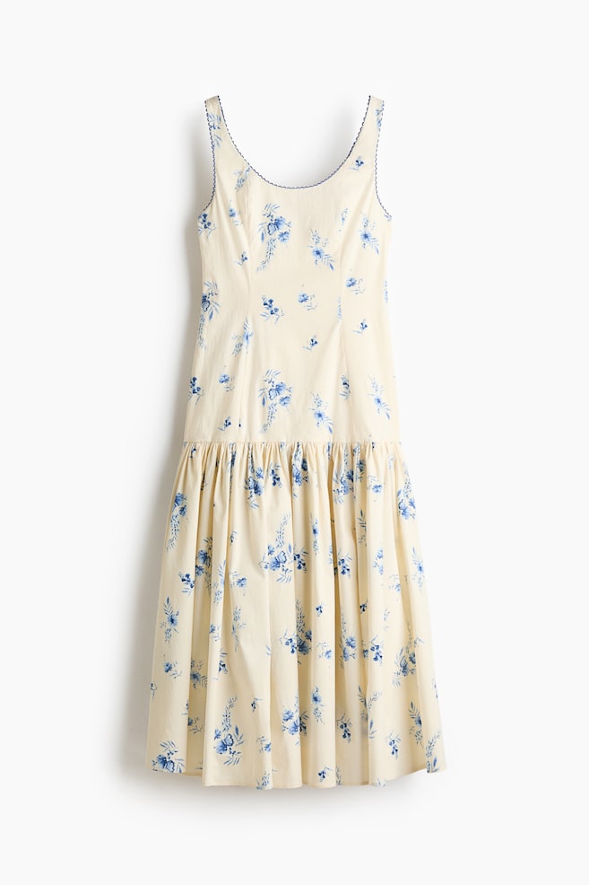 Vestido largo de algodón - Crema/Floral azul - 1