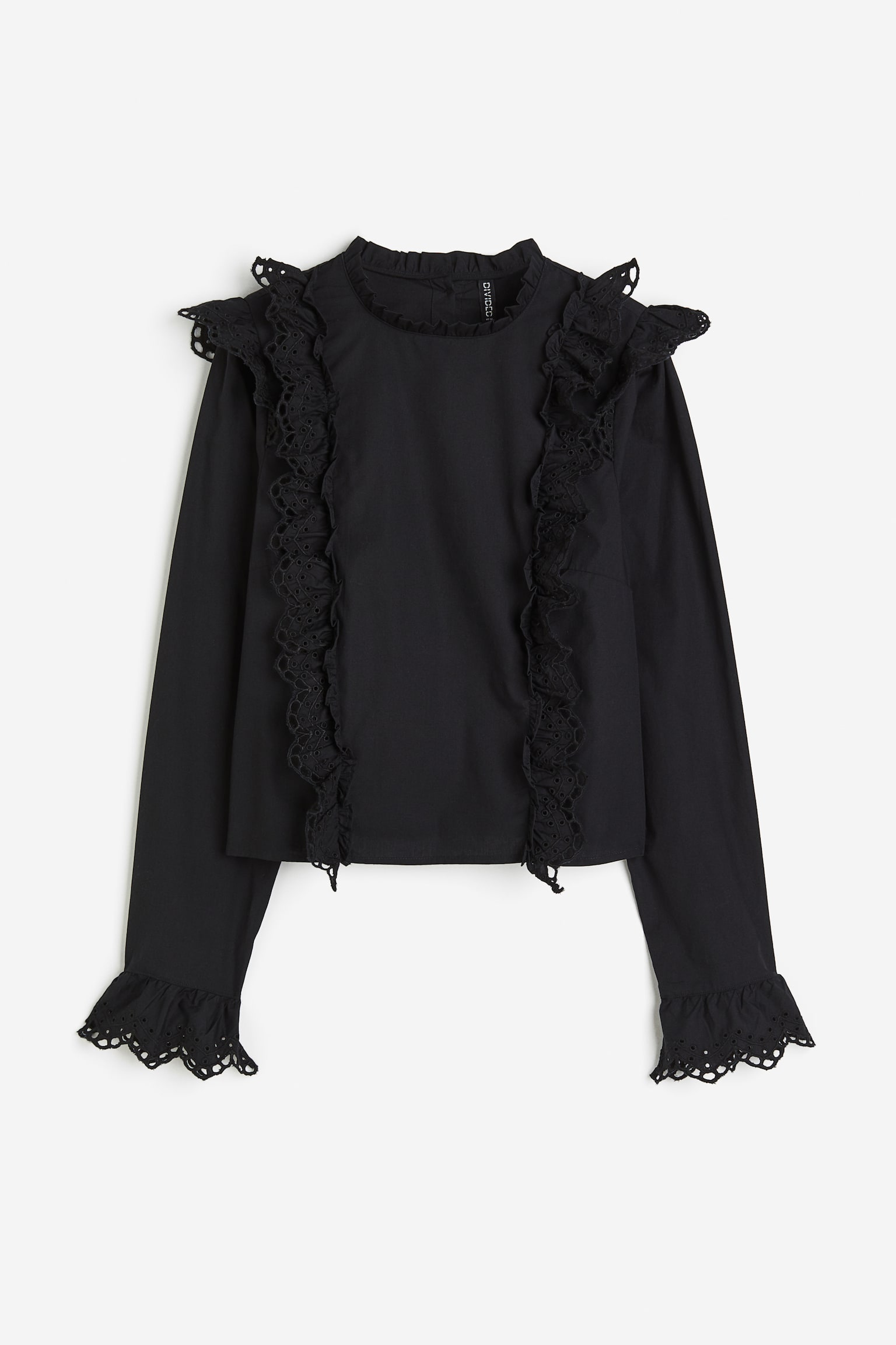 Broderie Anglaise Detail Ruffled Blouse - Black/White - 2