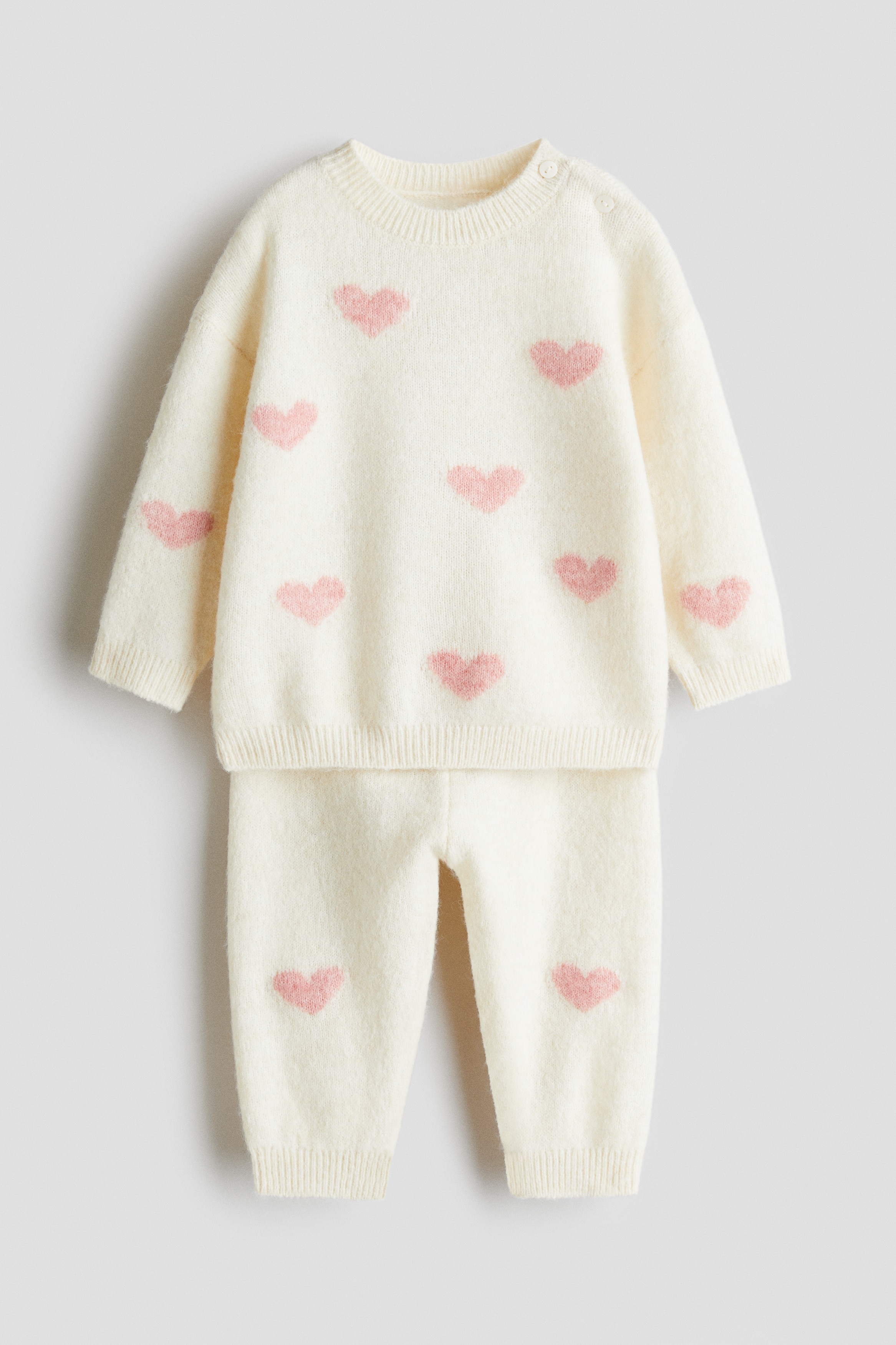 2-delt strikket sæt - Lys beige/Hjerter