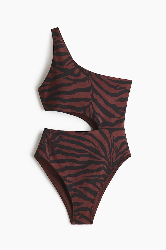 One-schoulderbadpak met padded cups - High Leg - Donkerbruin/zebradessin/Lichtpaars/Rood/Wit/bruin - 1