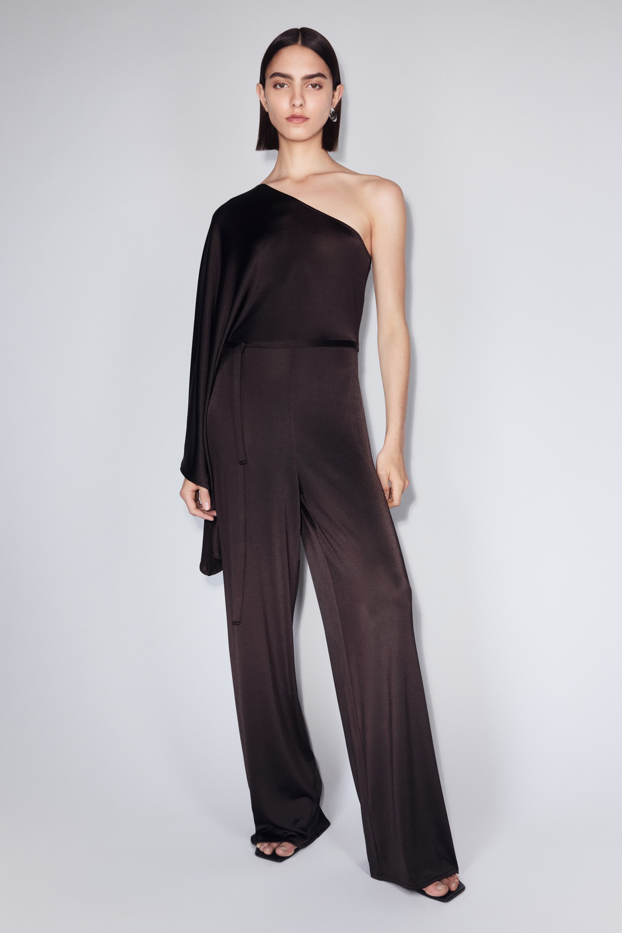 Tie-Belt One-Shoulder Jumpsuit
