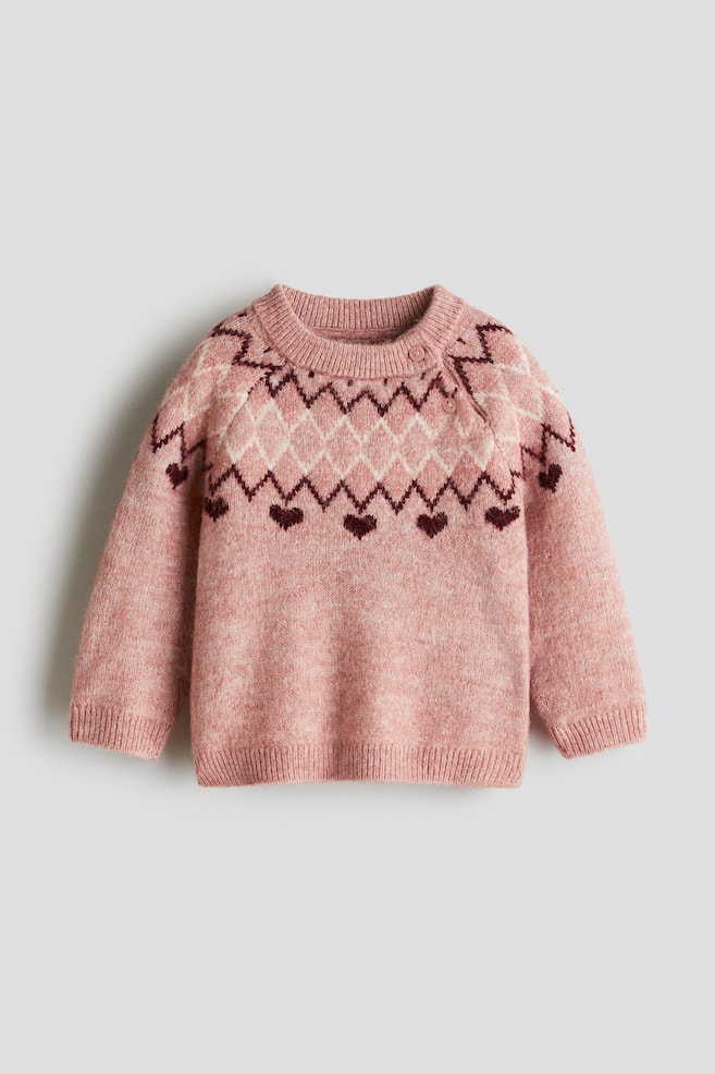 Jacquardstickad tröja - Ljusrosa/Hjärtan/Ljusbeige/Rosetter - 1