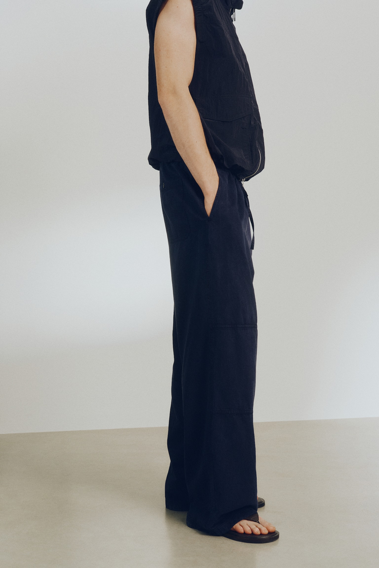 리넨 블렌드 팬츠 루즈핏 - 네이비 블루 - 6