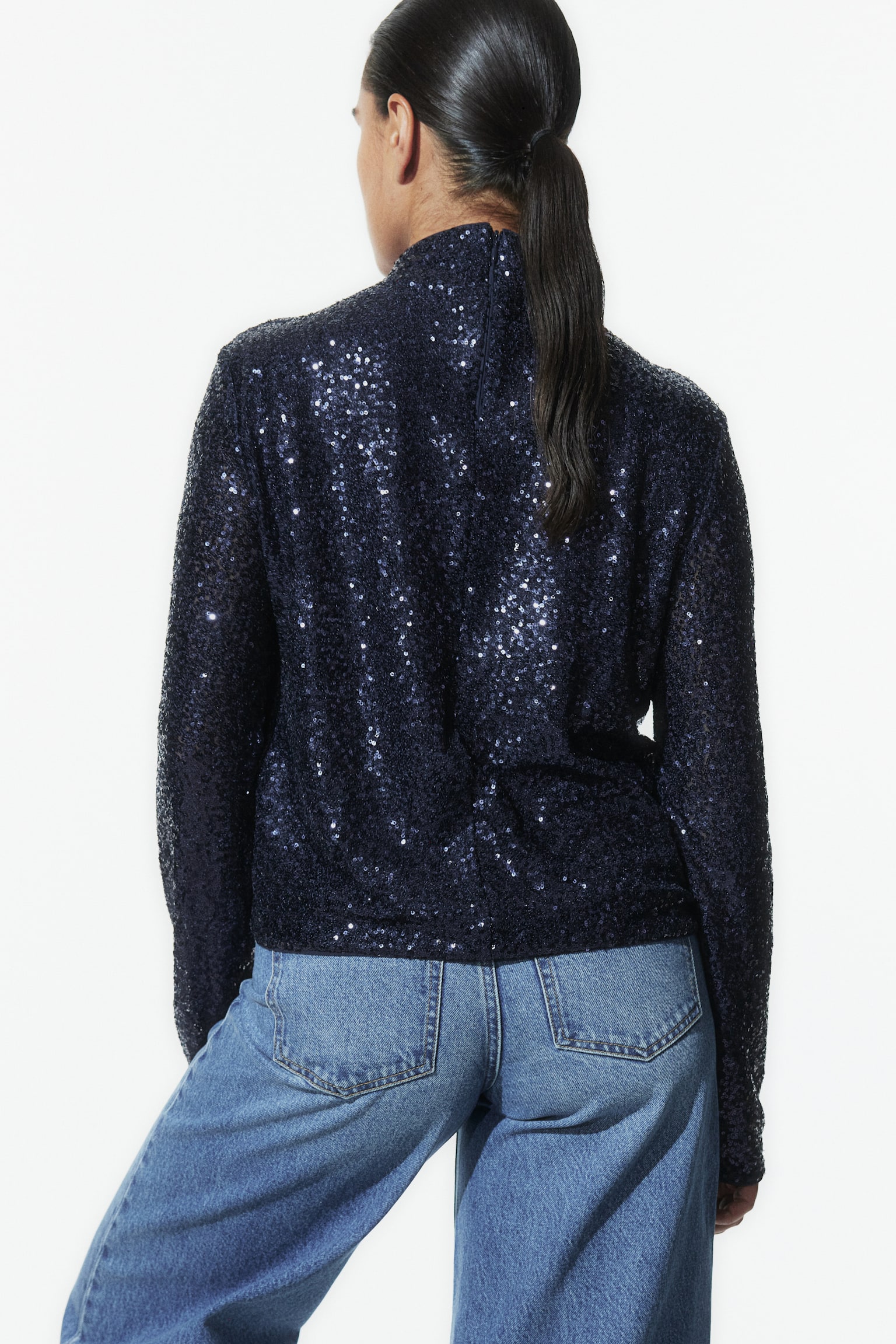 Sequined turtleneck top - Navy blue/Light beige/Silver-coloured/Black - 6