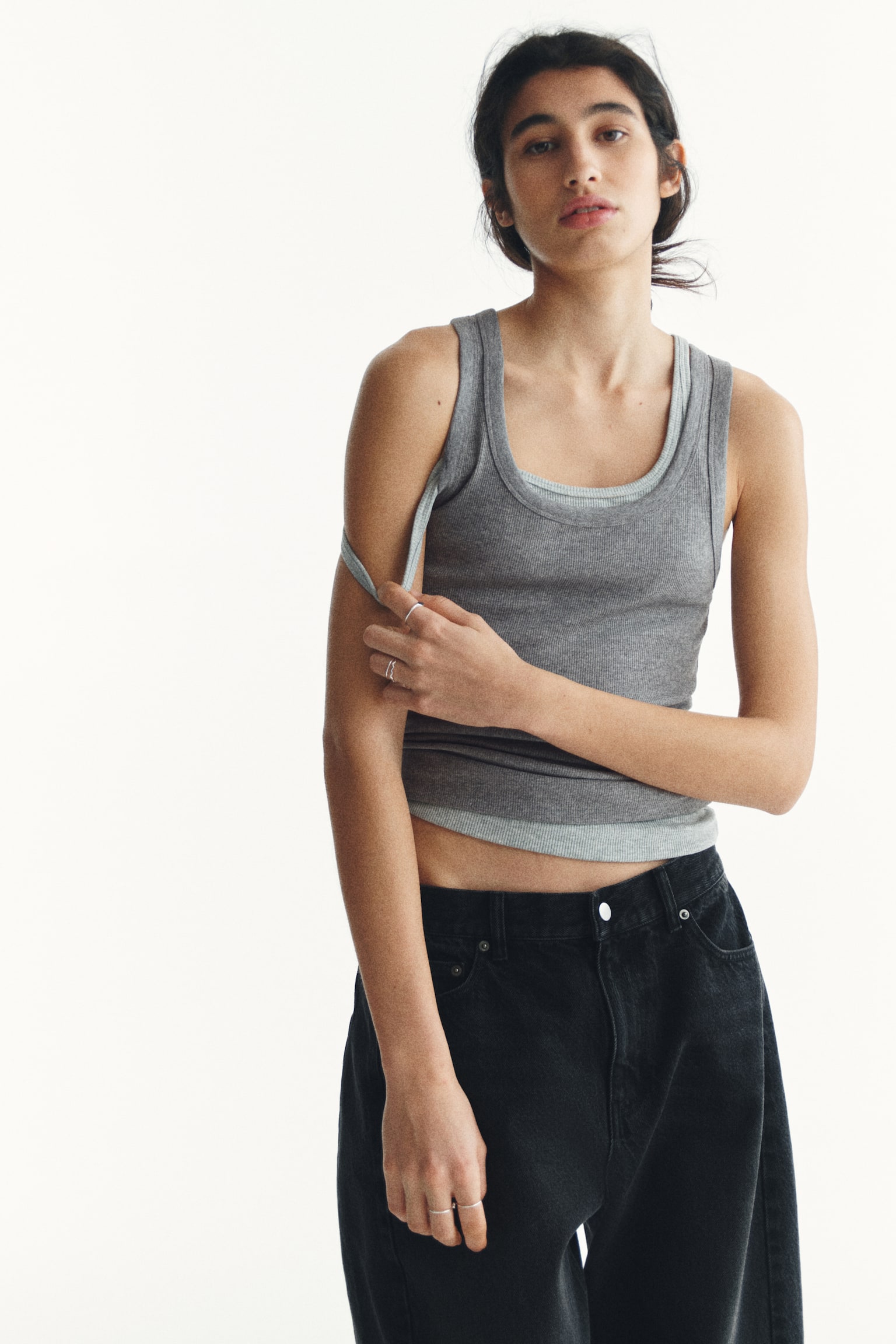 Ribbed vest top - אפור מלאנז'/לבן/שחור - 4