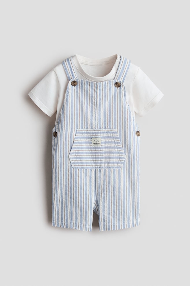 2-Piece Overall Shorts and T-Shirt Set - White/light blue striped/White/beige striped - 1