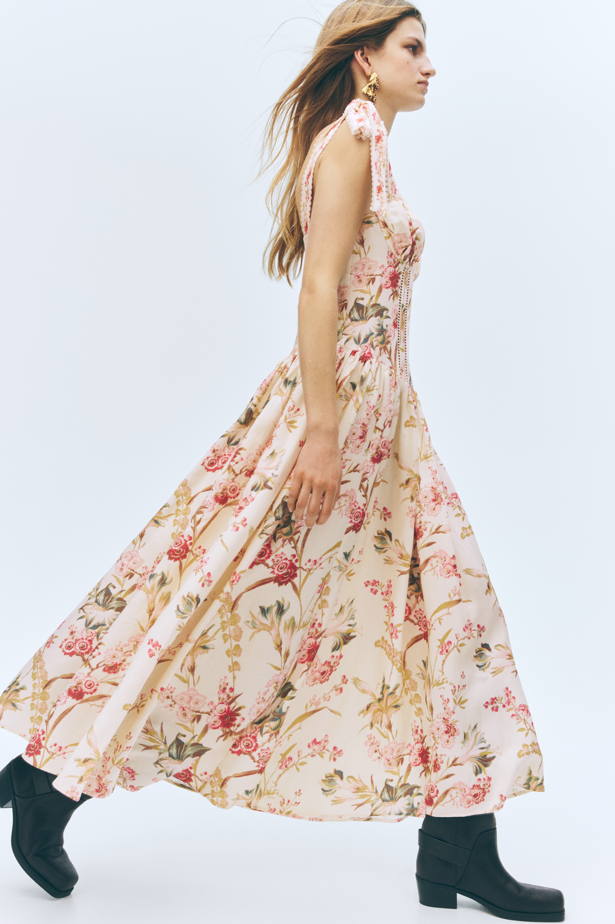 Φόρεμα από σύμμεικτο λινό με δέσιμο στους ώμους - Ανοιχτό μπεζ/φλοράλ