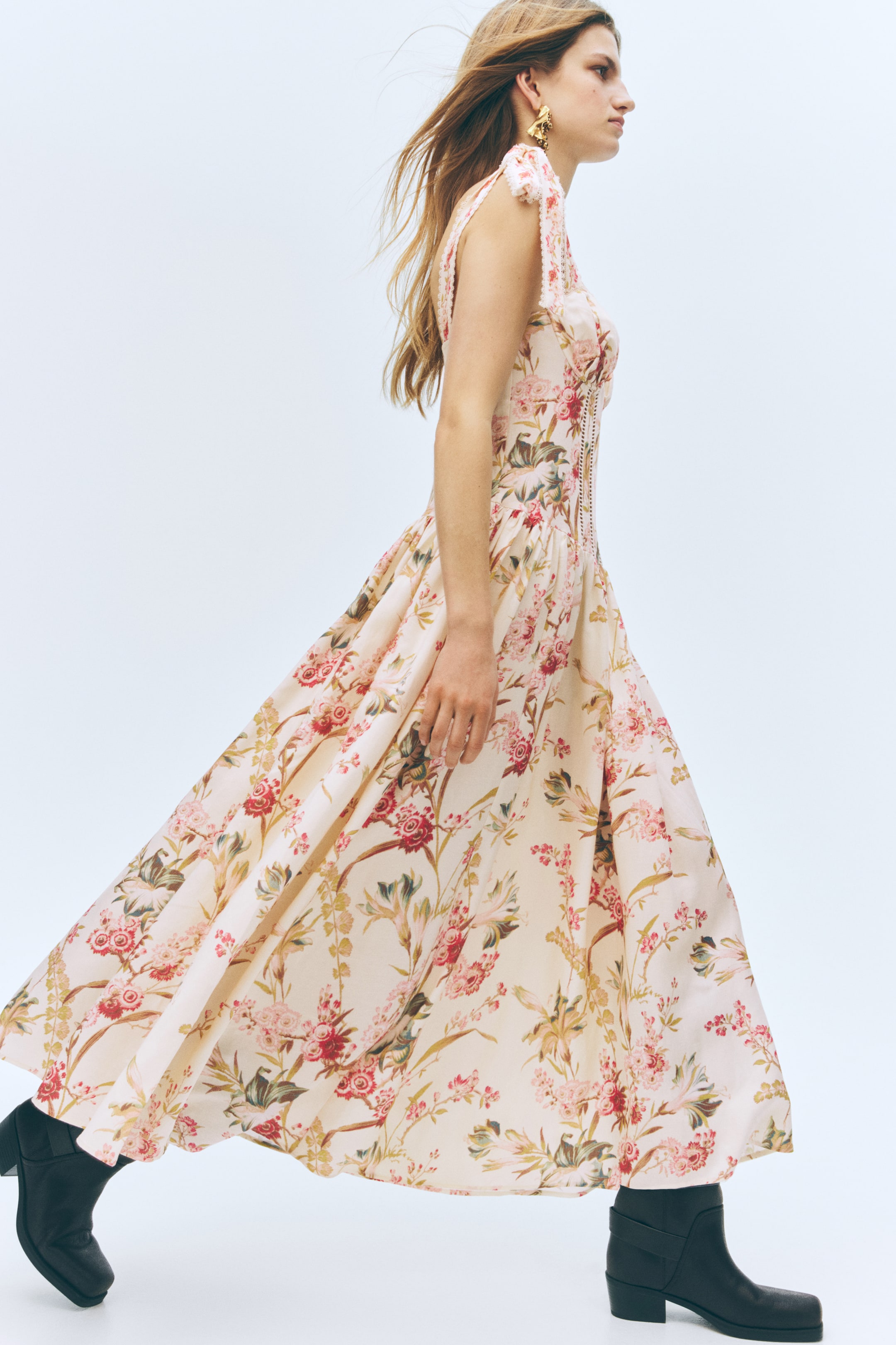 Visualizza immagine più grande: Abito in misto lino con spalline da annodare - Beige chiaro/fiori - DONNA | H&M IT 1