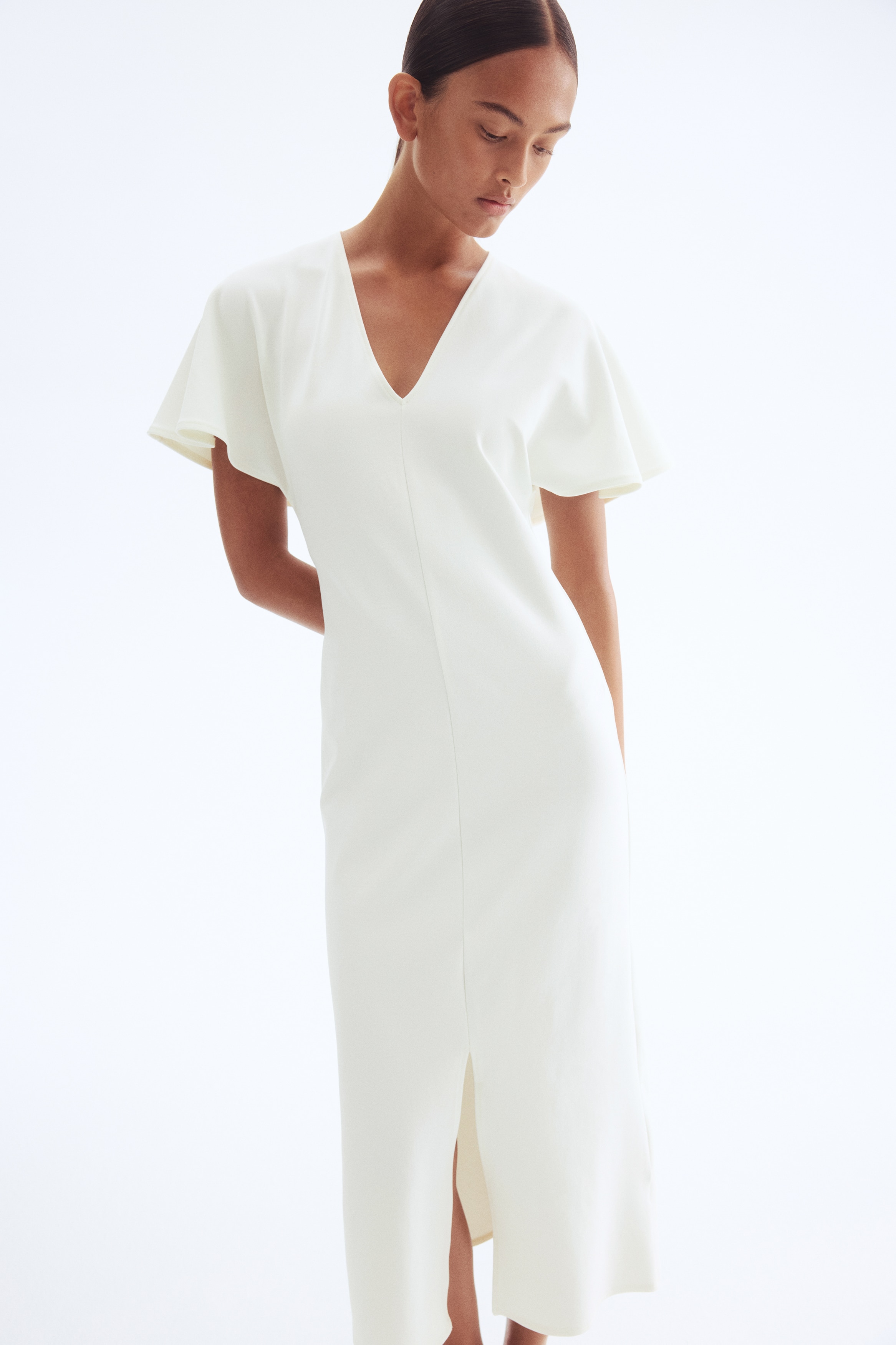 V Yakalı İnterlok Elbise - Beyaz/Bordo/Zeytin yeşili