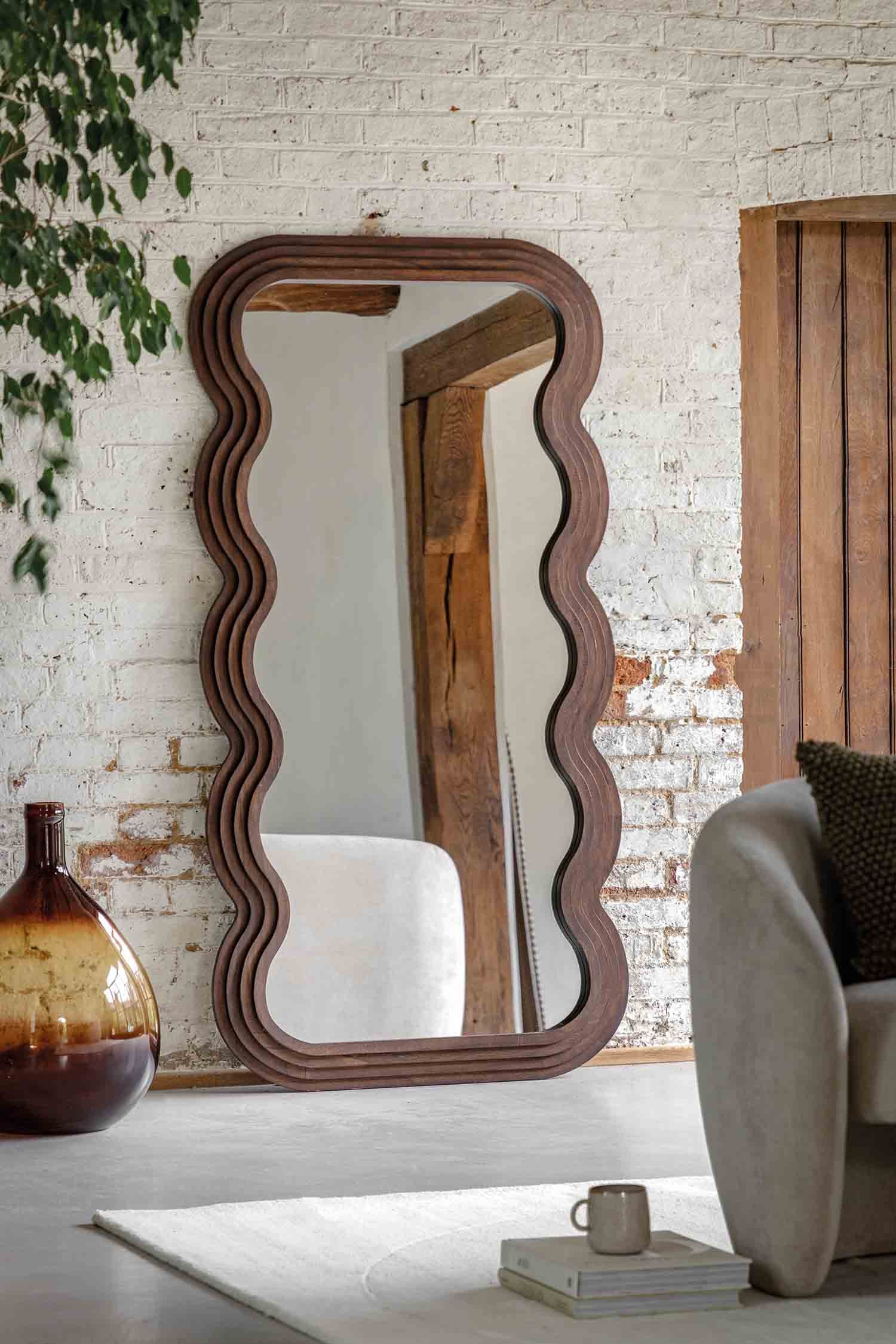 Wavy Wooden Mirror - Brown